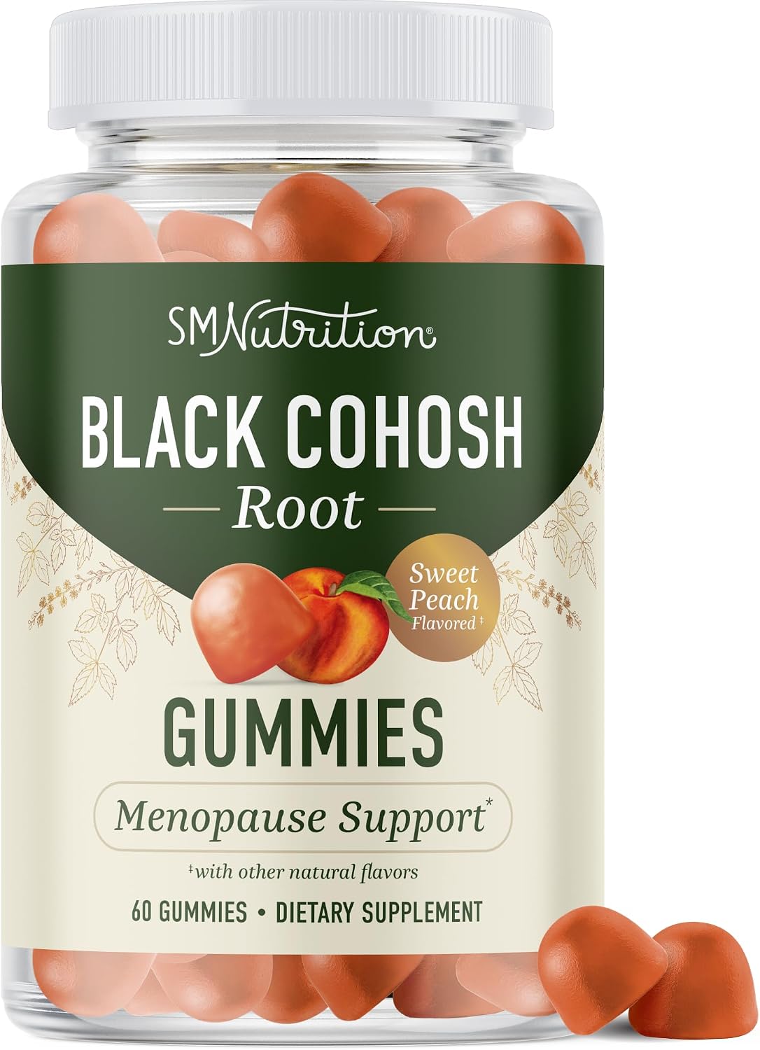 Black Cohosh Gummies, Menopause Relief, Hot Flashes & Night Sweats Support | 50mg Black Cohosh Root for Women, Gluten-Free, Vegetarian, Non-GMO, Hormone Balance Support, Tasty Peach Flavor, 60 Gummies