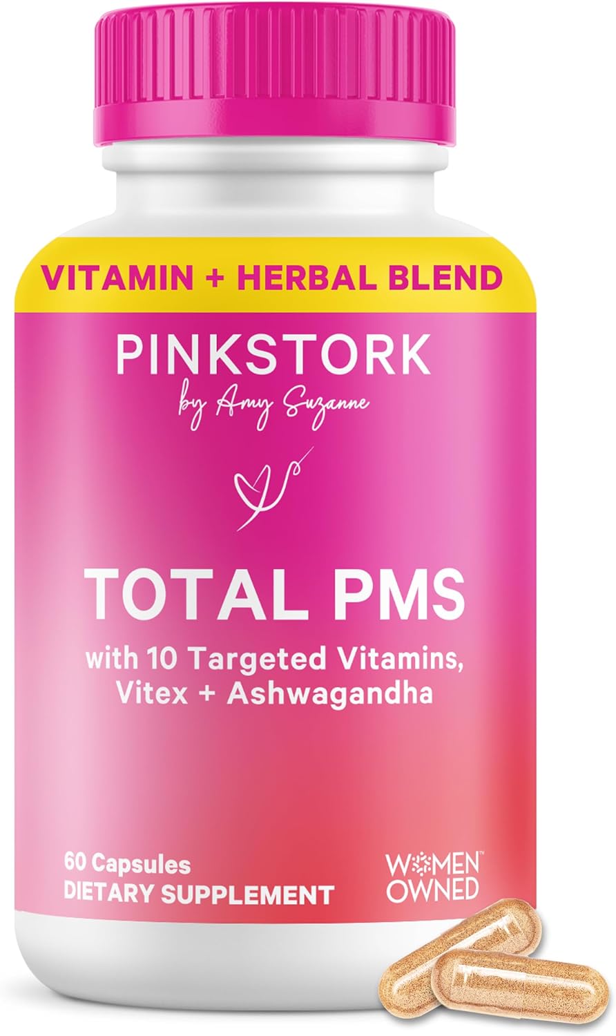 Pink Stork PMS Supplement for Women, Hormone Balance Support, 60 Count | Vitex, Ashwagandha, Maca Root, 10 Vitamins & Minerals, Support PMS Comfort, Mood, Bloating, Period Regularity