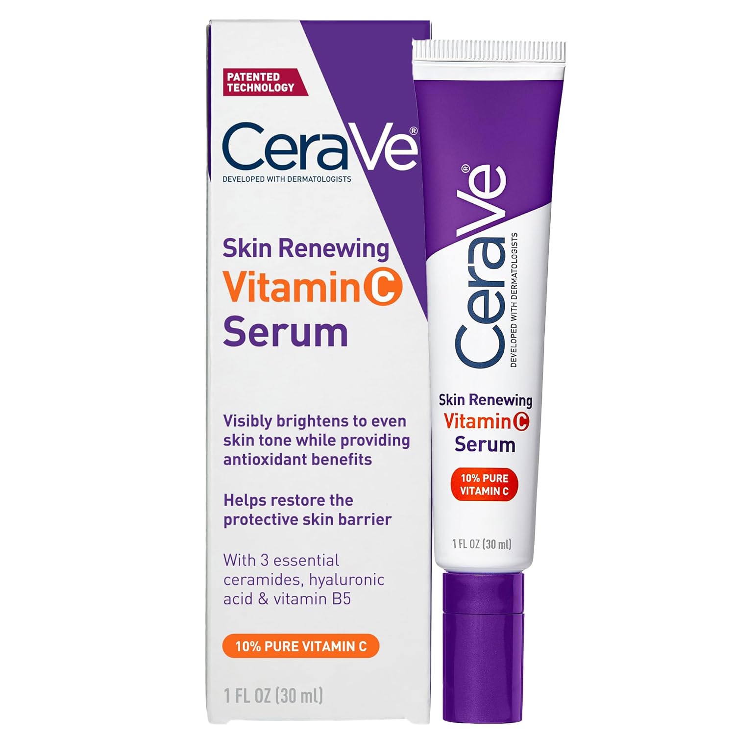 CeraVe Skin Brightening Vitamin C Serum for Face with Hyaluronic Acid, 1oz | Skincare, 10% Pure Vitamin C, Brightening Serum, Ceramides, Antioxidant, Hydrates and Improves Skin Tone & Texture