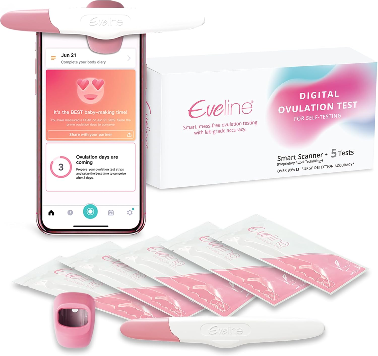 Eveline Digital Ovulation Test Predictor Kit – 5 Easy at Home Ovulation Test Strips with Smart Scanner for One Cycle, Digital Results on Eveline App, 99% Accuracy, FSA/HSA Eligible