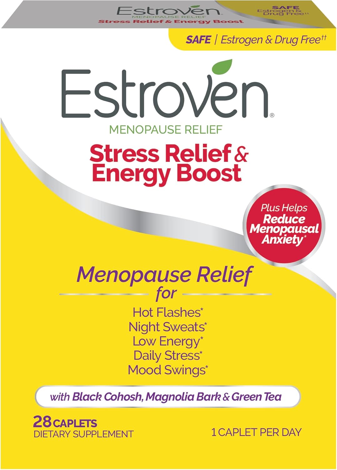 Estroven Stress Relief & Energy Boost for Menopause Relief, 28 Count | Clinically Proven Ingredients Provide Stress & Energy Support + Night Sweats & Hot Flash Relief* – Drug-Free, Hormone-free