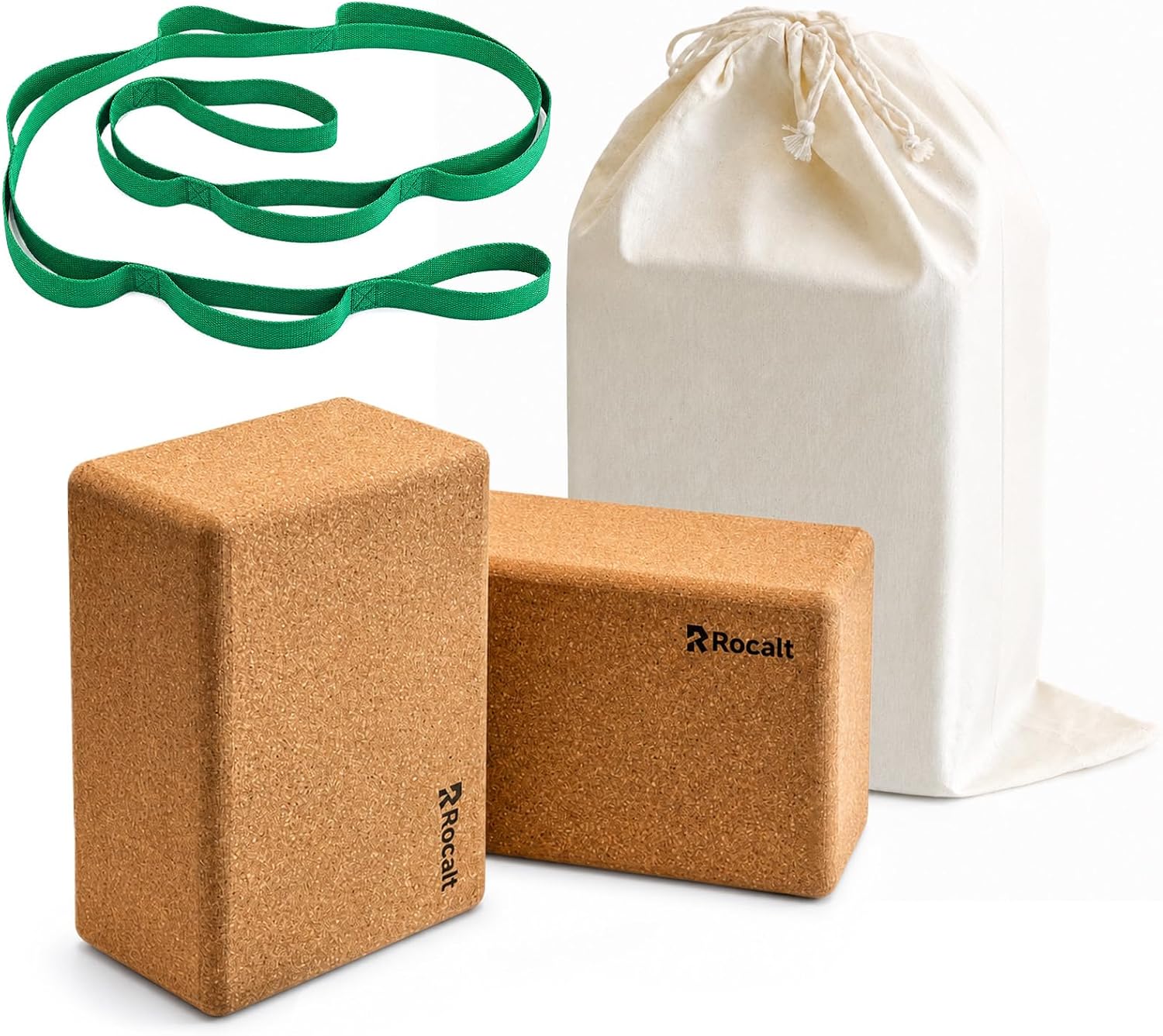 Rocalt Natural Cork Yoga Blocks 2 Pack with Strap and Storage Bag