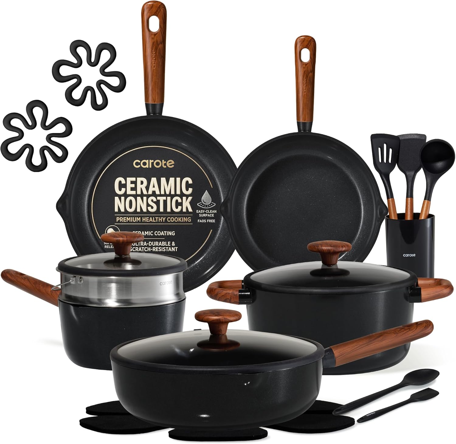 CAROTE 21pcs Ceramic Cookware Set, Pots and Pans Set