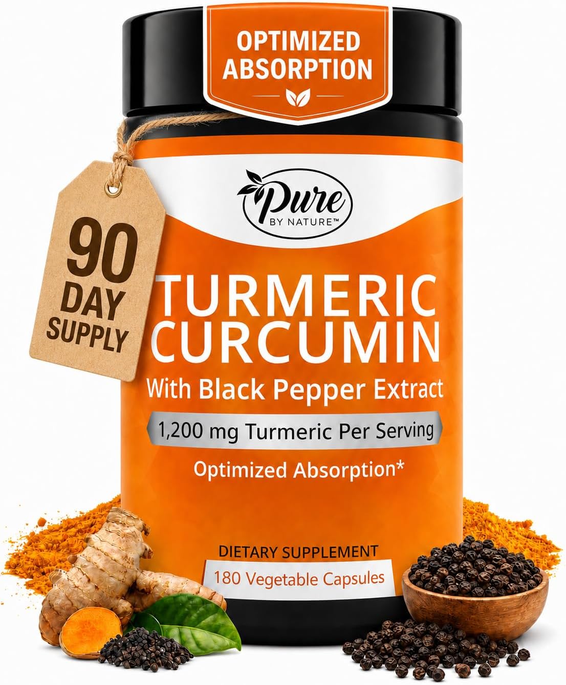 Pure By Nature 1200mg Turmeric Curcumin with Black Pepper Extract for Absorption, Antioxidant Property for Joint & Inflammation Support, 180 Capsules