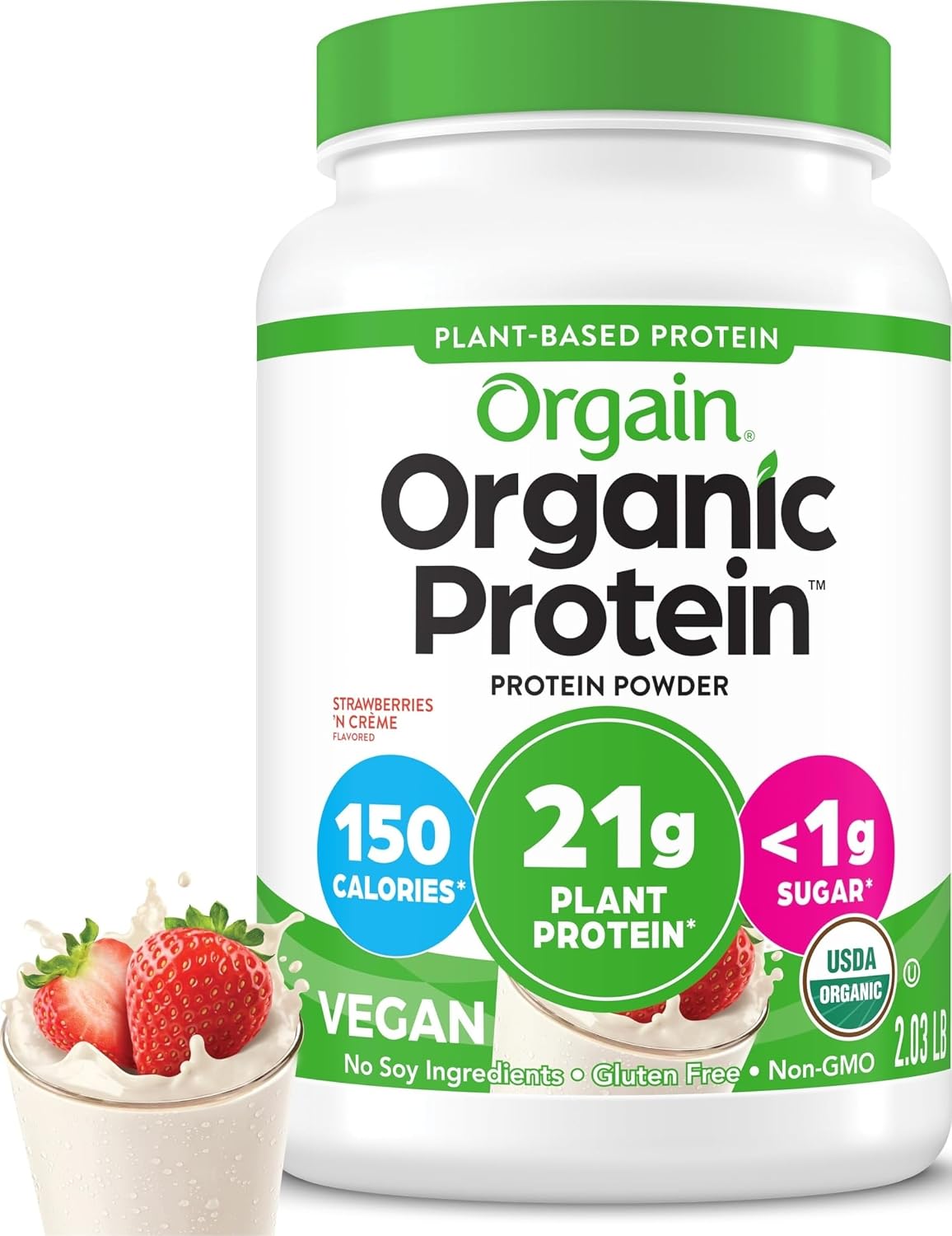 Orgain Organic Vegan 21g Protein Powder, Strawberries & Cream, 2.03 lb | Plant based protein, 8g prebiotic fiber, low net carb, no added sugar or lactose ingredients, non-GMO, for shakes & smoothies