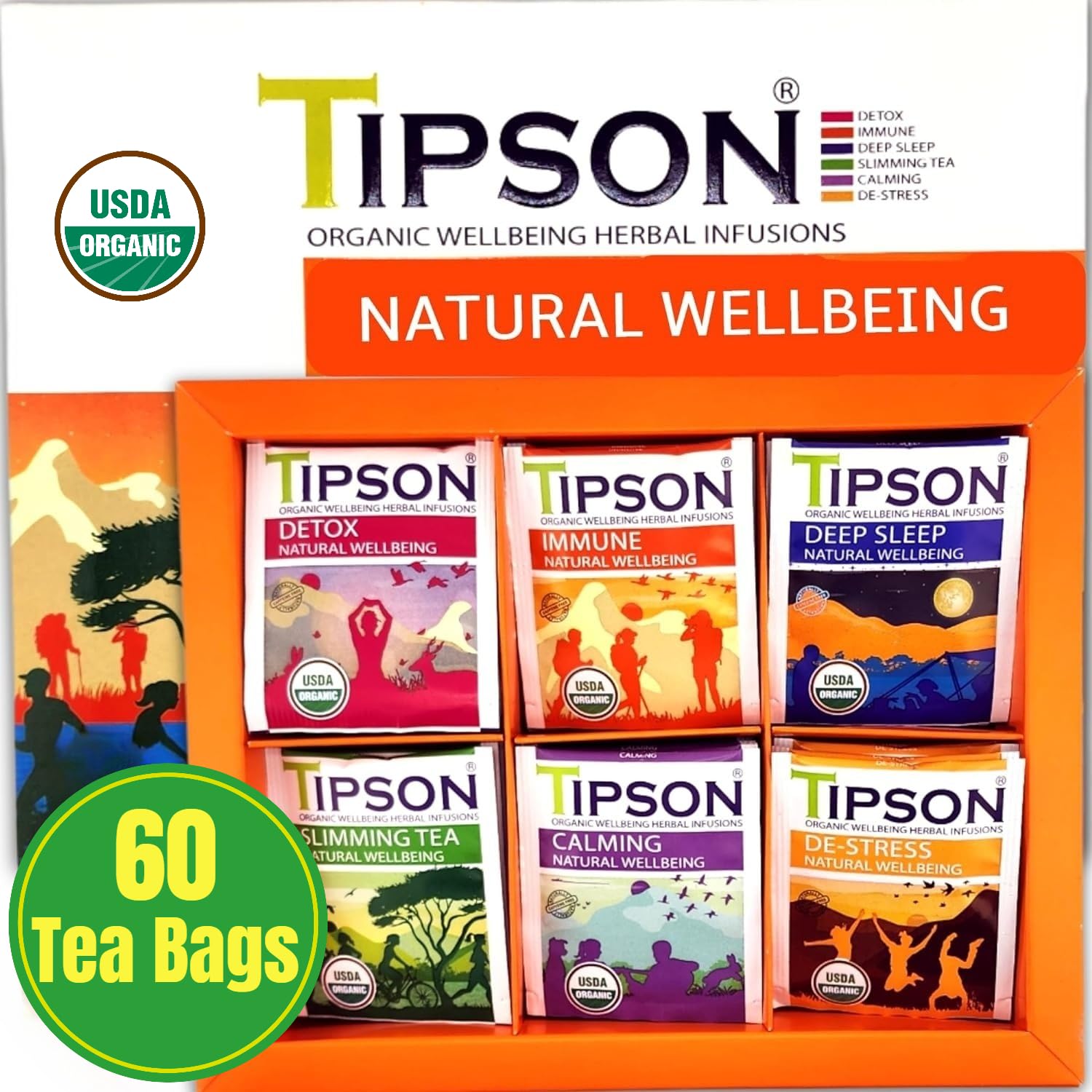 Tipson Natural Wellbeing Variety Sampler – 6 Flavors | 6 Benefits (60 Tea Bags), Herbal Tea Infusions – USDA Organic, Non GMO, and Gluten Free
