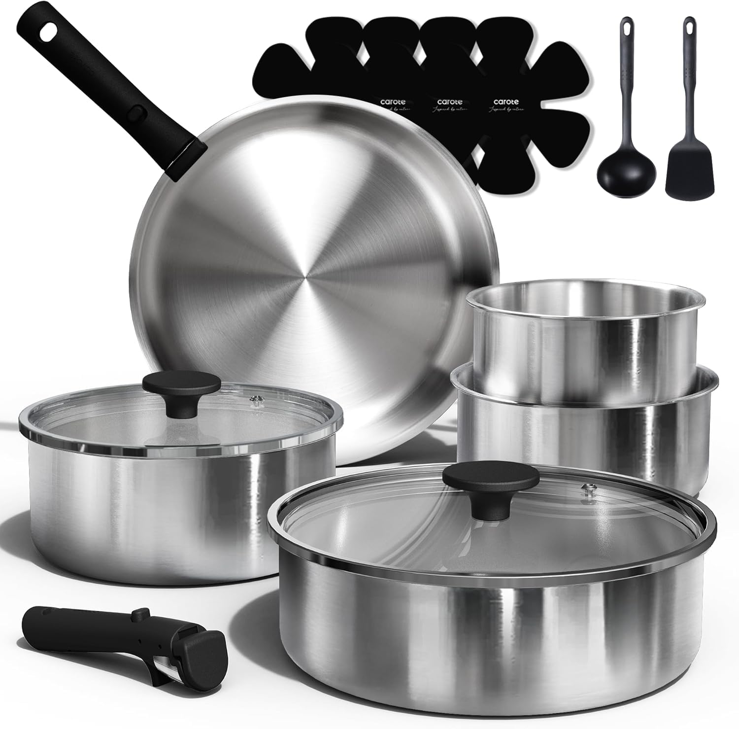 CAROTE 15pcs Tri-Ply Stainless Steel Cookware Set with Detachable Handle