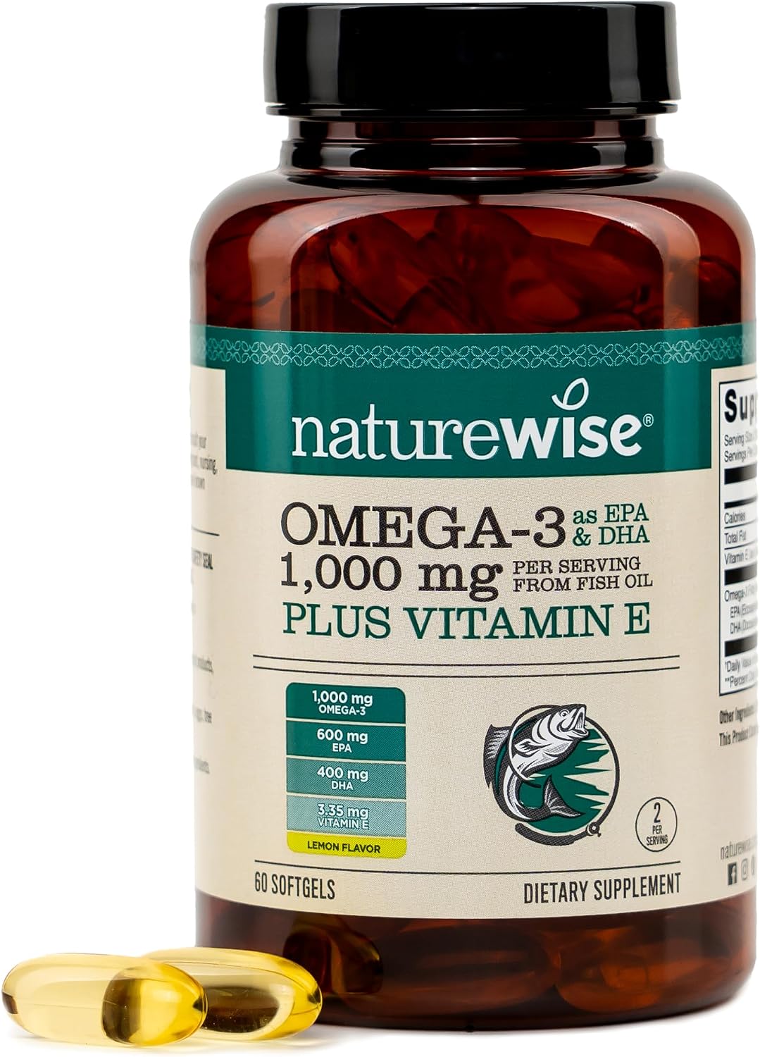NatureWise Extra-Strength Omega 3 Fish Oil Supplement – 1000mg per Serving – 600 EPA & 400 DHA and Vitamin E – Sustainably Sourced Fish Oil – Lemon Flavor – 60 Softgels[1-Month Supply]