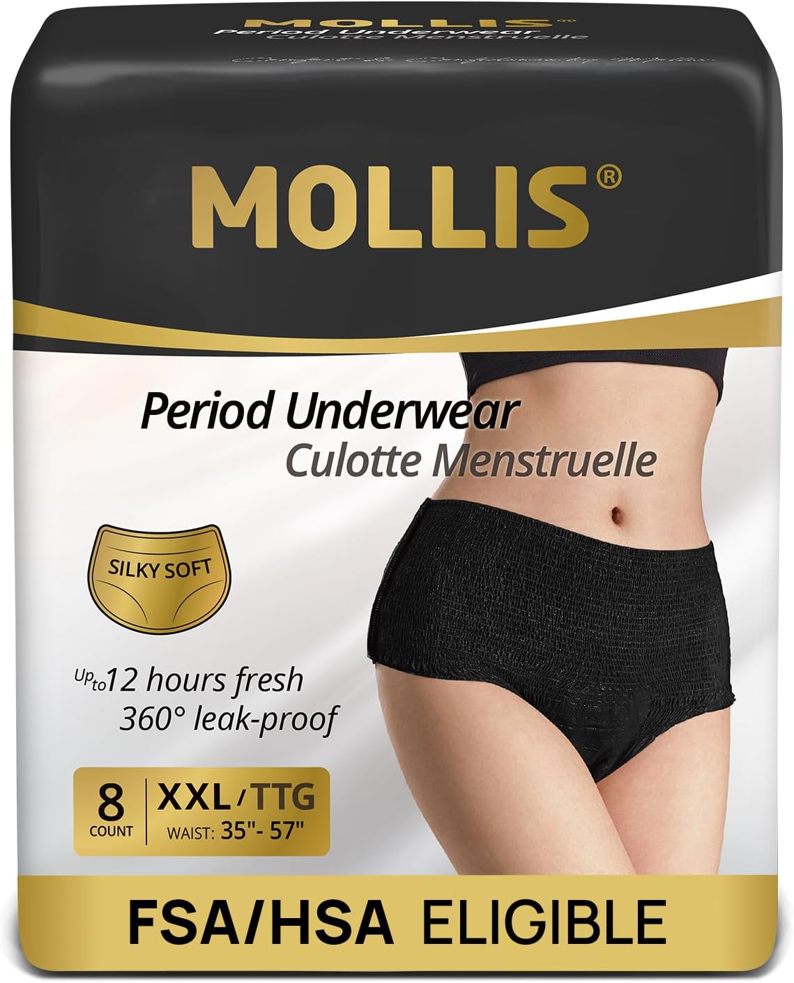 MOLLIS Disposable Period Underwear, Postpartum Panties, XXL, Black, 8Ct
