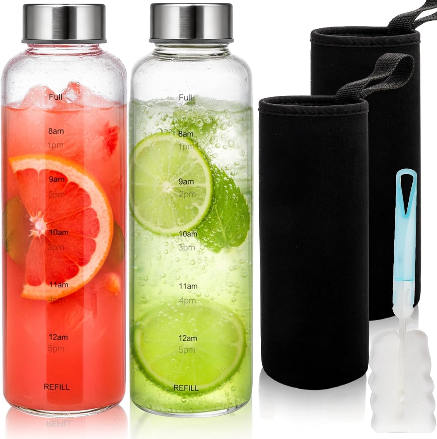 Pumtus 2 Pack Glass Water Bottles With Time Marker, 18 OZ Motivational Water Bottle with Non-slip Sleeve, Beverage Bottles with Hydrating Reminder, Reusable Drinking Bottle for Hot and Cold Drinks