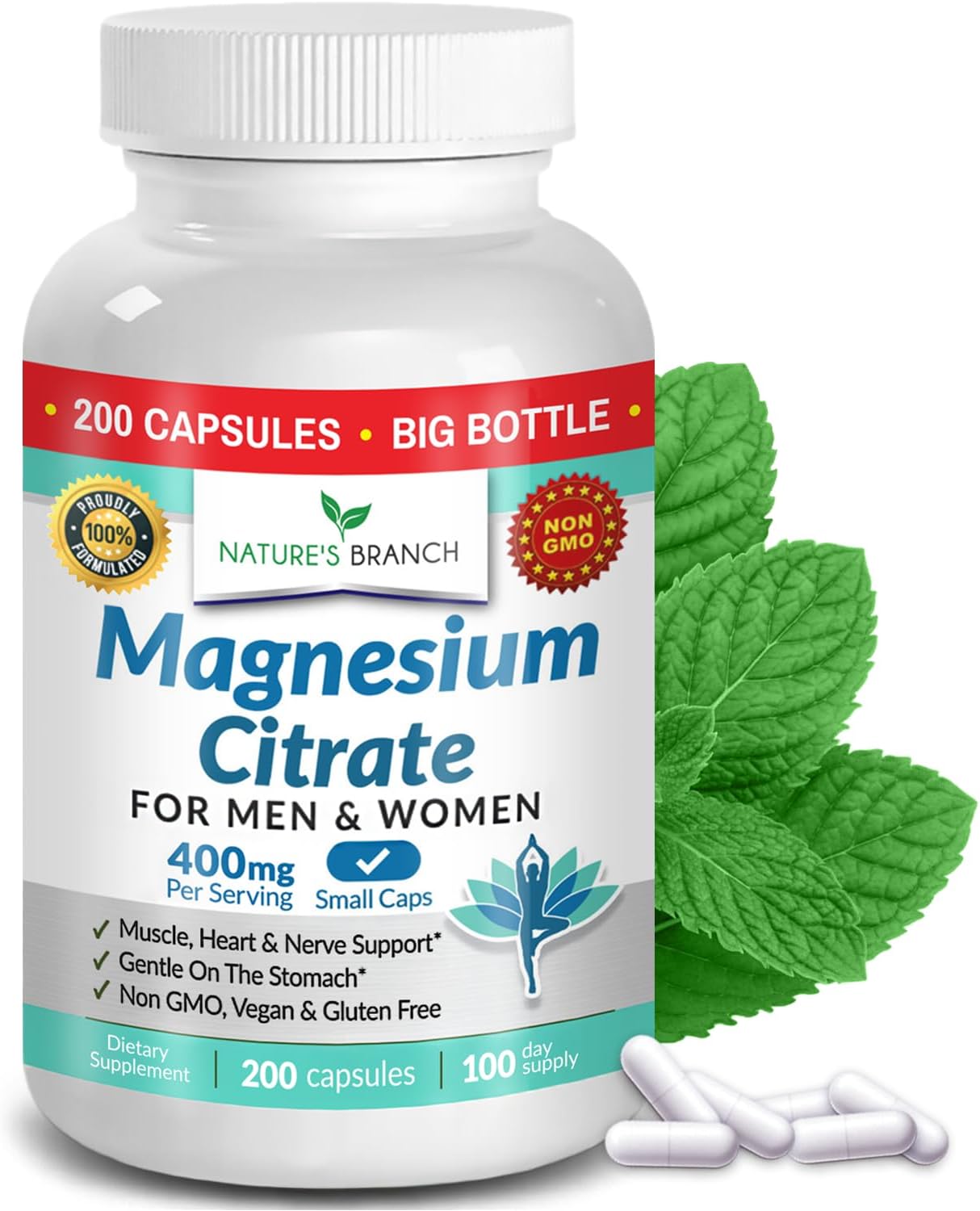 Magnesium Citrate Supplements for Sleep, Relaxation & Muscle Support | 400mg High Absorption Magnesium Capsules for Women & Men – Vegan, Non-GMO, Easy to Swallow Small Capsules – 200 Capsules