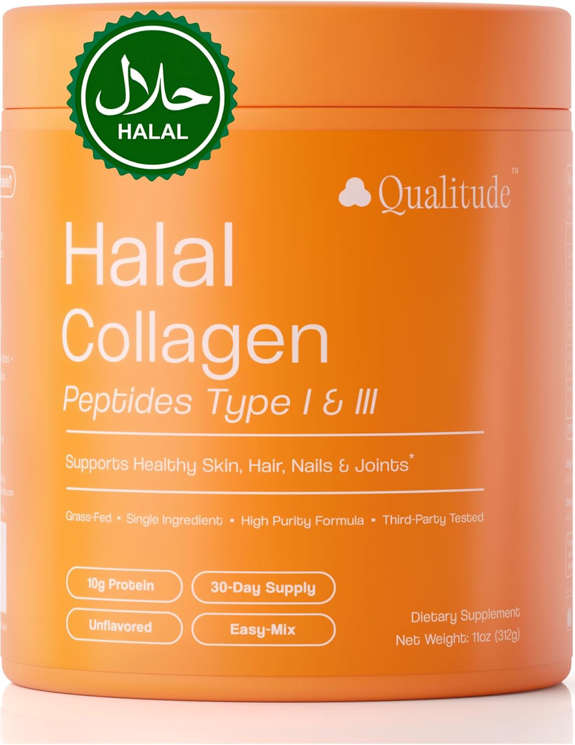 QUALITUDE Halal Collagen Peptides Powder Grass-Fed Bovine, (HCS & HFC) | Dual Halal Certified, Unflavored · Hydrolyzed · 10g Protein · 30 Servings · NSF/ANSI 455-2 · Keto & Paleo Friendly