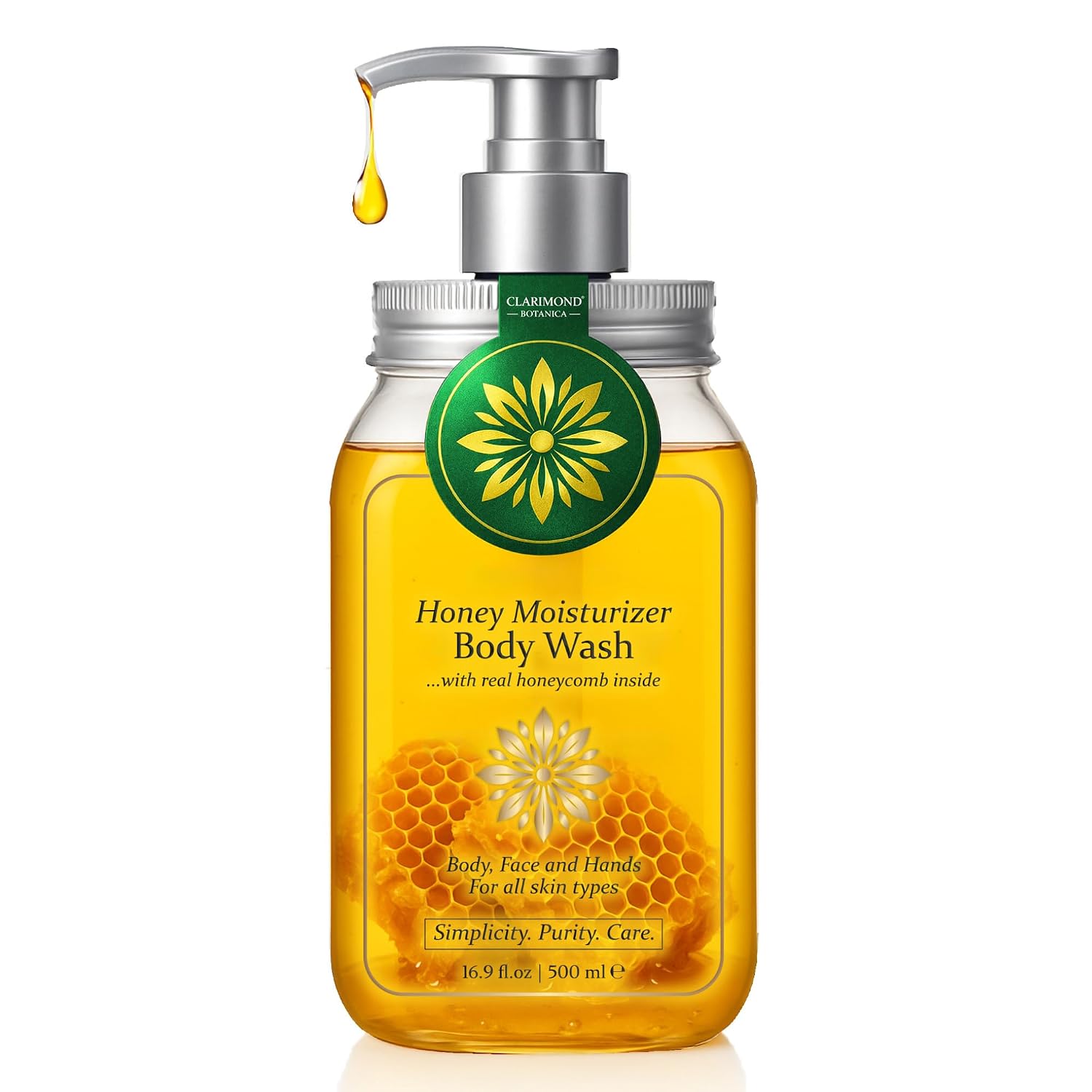 Natural Honey Body Wash – w/ Royal Jelly, Propolis & Real Honeycomb – Centella Asiatica, Aloe Vera & Oat Beta-Glucan, For Dry & Sensitive Skin – 16.9 fl oz / 500 ml, Paraben & Sulfate Free