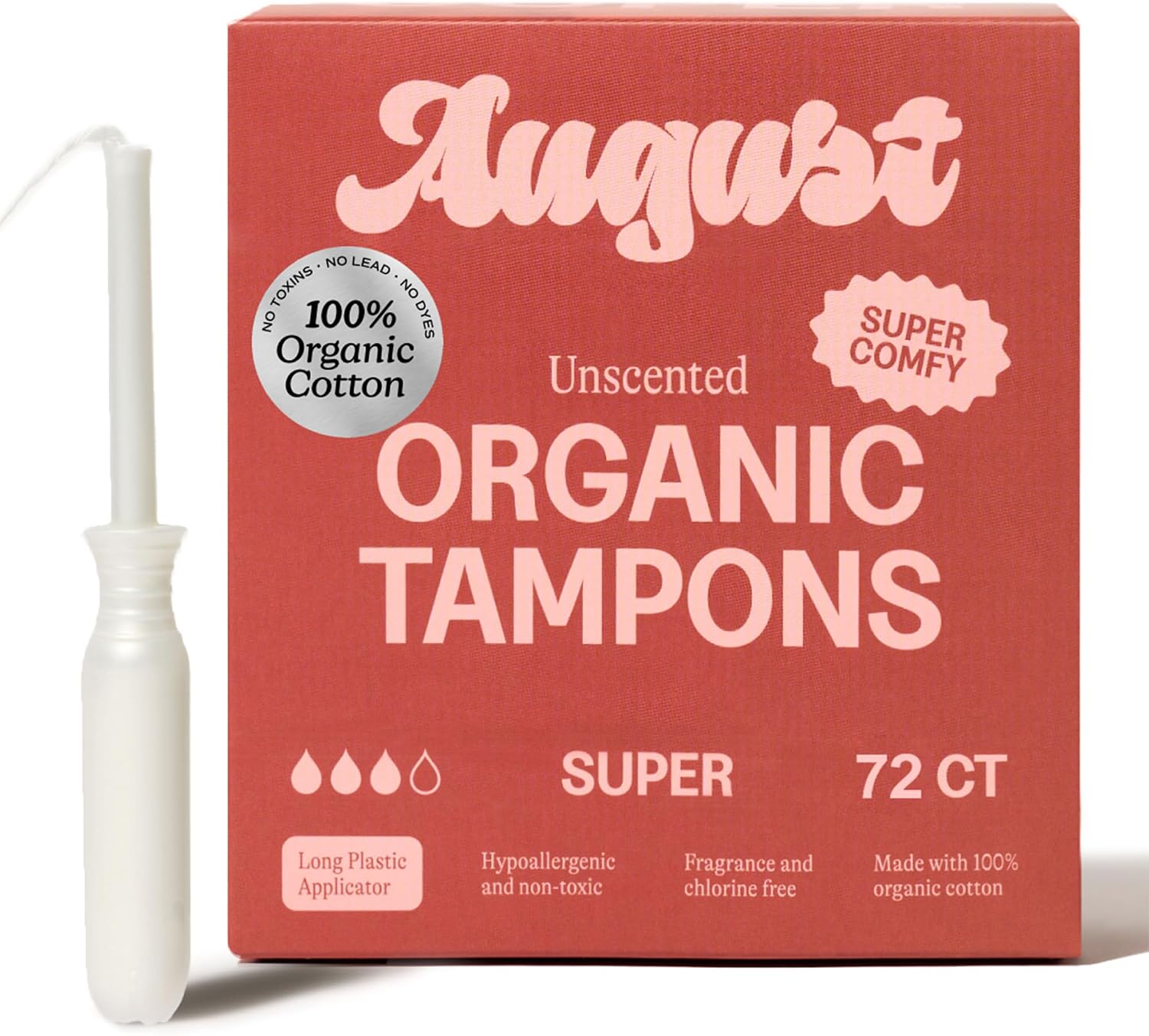 August Organic Tampons, 72-Pack Super Non-Toxic Tampons for Women | 100% organic cotton tampons with comfortable easy-glide long applicators. Fragrance free, hypoallergenic tampons for women.