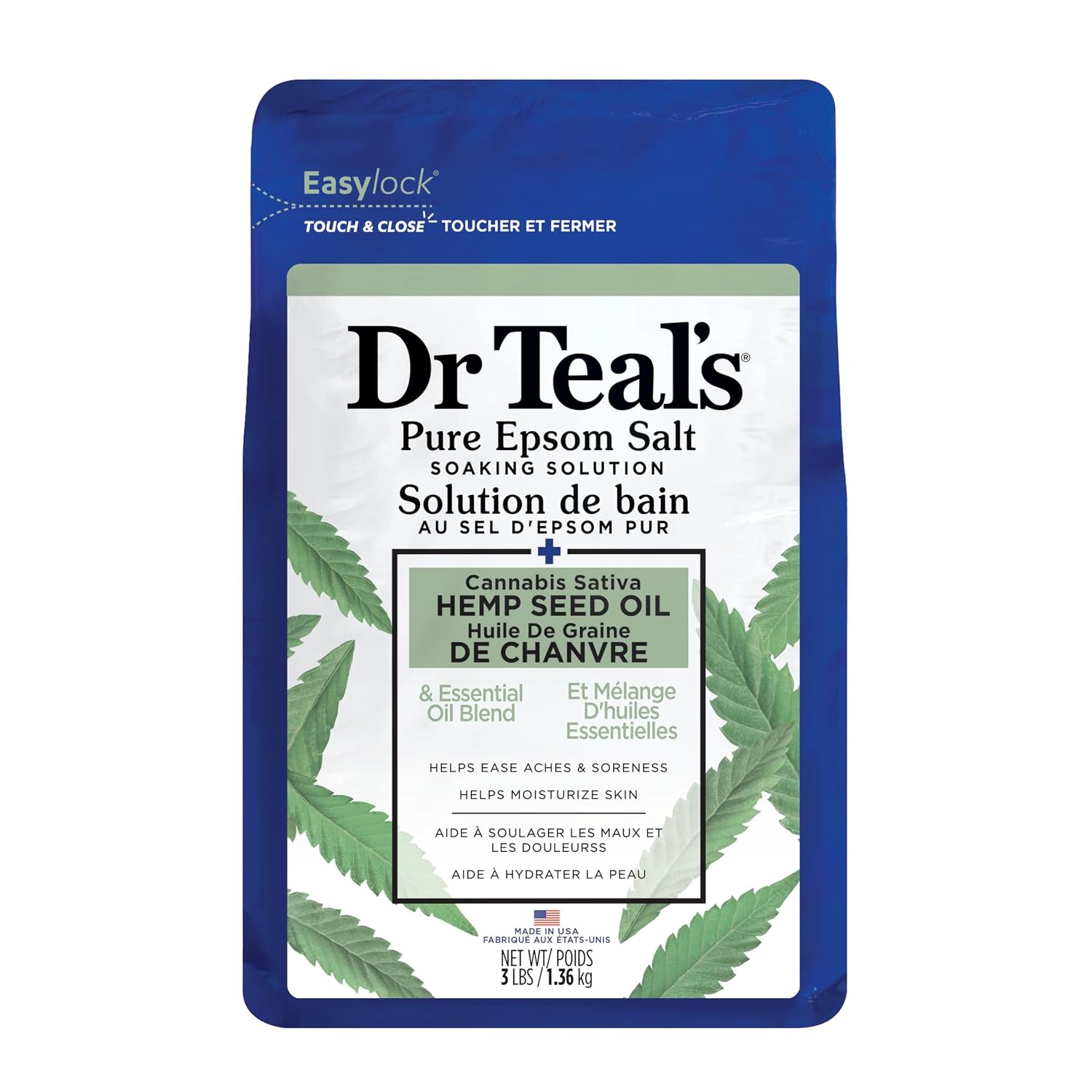 Dr Teal’s Pure Epsom Magnesium Salt Soak, Cannabis Sativa Hemp Seed Oil, 3 lb