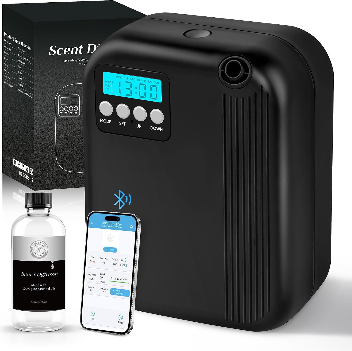 Hotel Collection Diffuser, House Scent Machine, 10000 Sq.Ft of Coverage, 200ml Large Capacity Aromatherapy Machine, Scent Diffusers for Home Large Room, Office Waterless Essential Oil Diffuser, Black