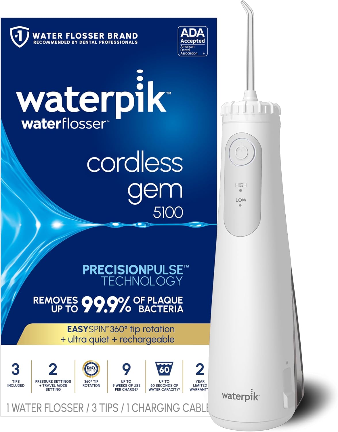 Waterpik Cordless Gem 5100 Portable Water Flosser, Rechargeable, White