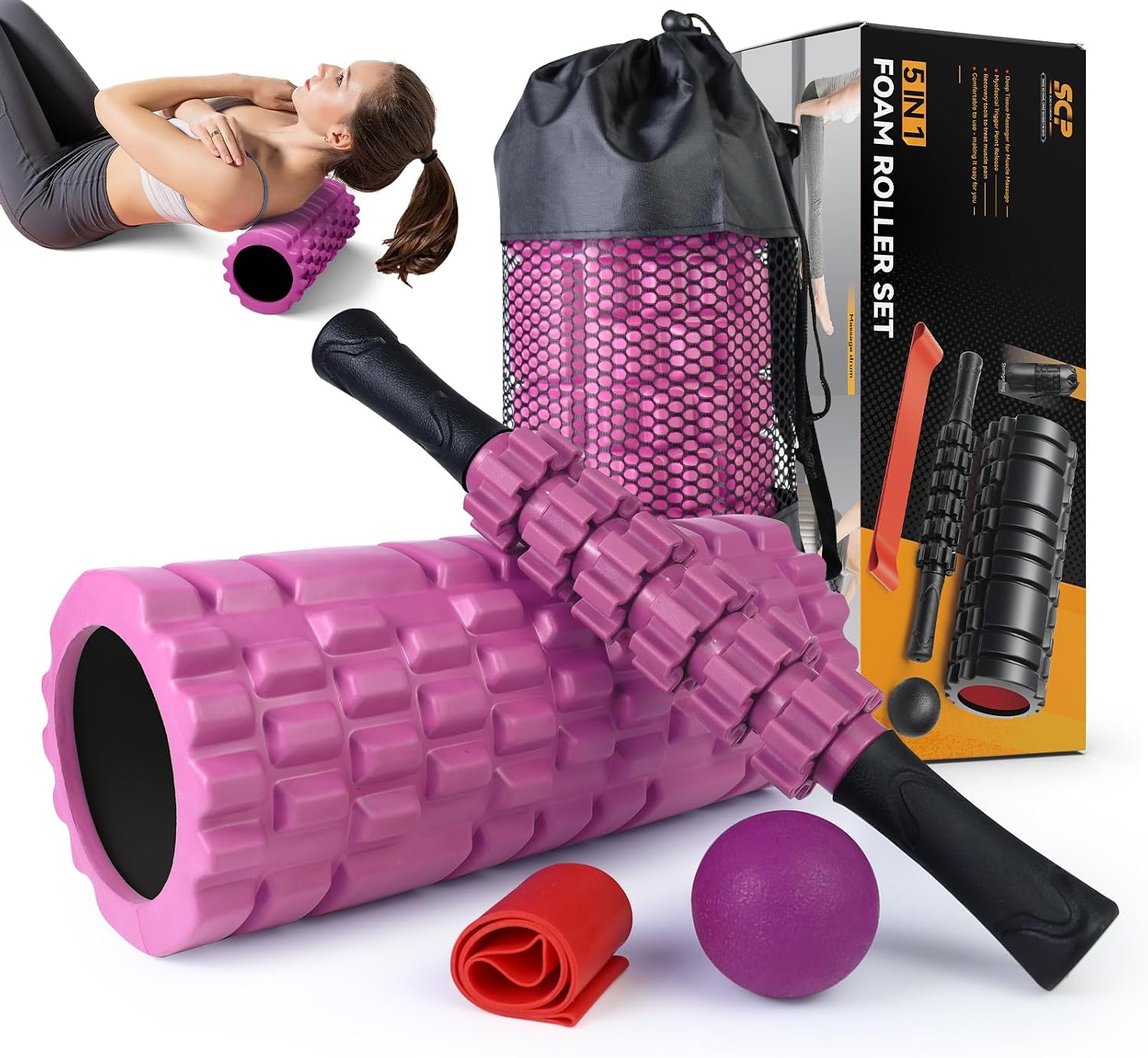 SUBCULTUREPICK 5 in 1 Foam Roller Set for Deep Tissue Muscle Massage | High Density Fitness Exercise Foam Roller, Muscle Roller, Massage Ball, Resistance Band, for Whole Body Physical Therapy Pink
