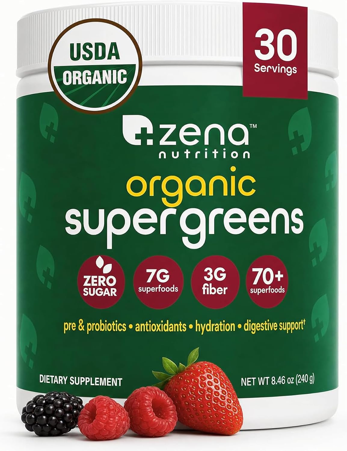 Zena Nutrition Organic Super Greens Powder, 70+ Superfoods, 0 Sugar, 3G Fiber, Spirulina, Chlorella, Antioxidants, Prebiotics/Probiotics, Digestive Enzymes, Mixed Berry, 30 Servings