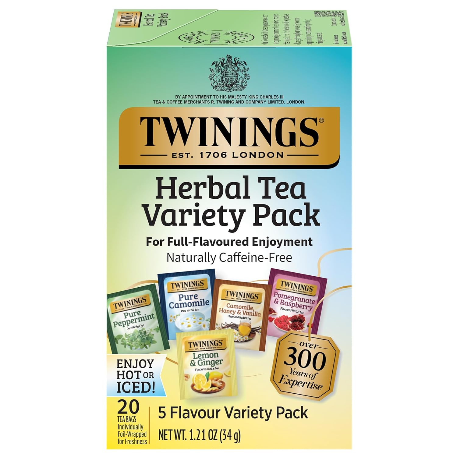 Twinings Herbal Tea Variety Pack, Assorted Tea Bags, 20 CT Box (1 Pack) | Assortment of 5 of Popular Herbals, Naturally Caffeine-Free, 20 Foil Lined Individually Wrapped Bags, Enjoy Hot or Iced