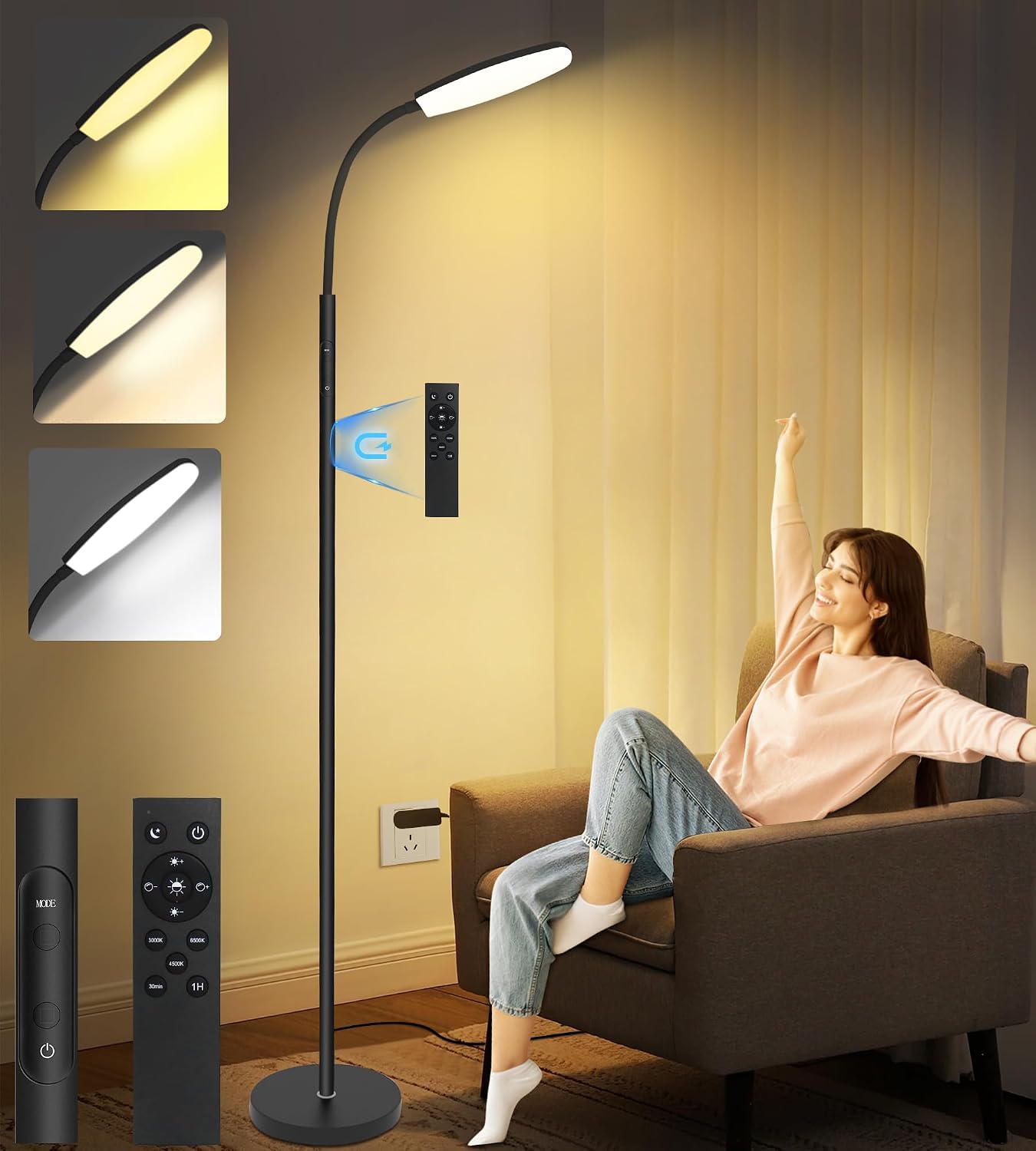 LanSuper 10000 Lux Light Therapy Happy Lamp, UV-Free Sunlight Floor Lamp | Full Spectrum, Remote & Button Control,10 Color Temperature, 6 Brightness,Timer, 360° Adjustable Curved Neck,Memory Function