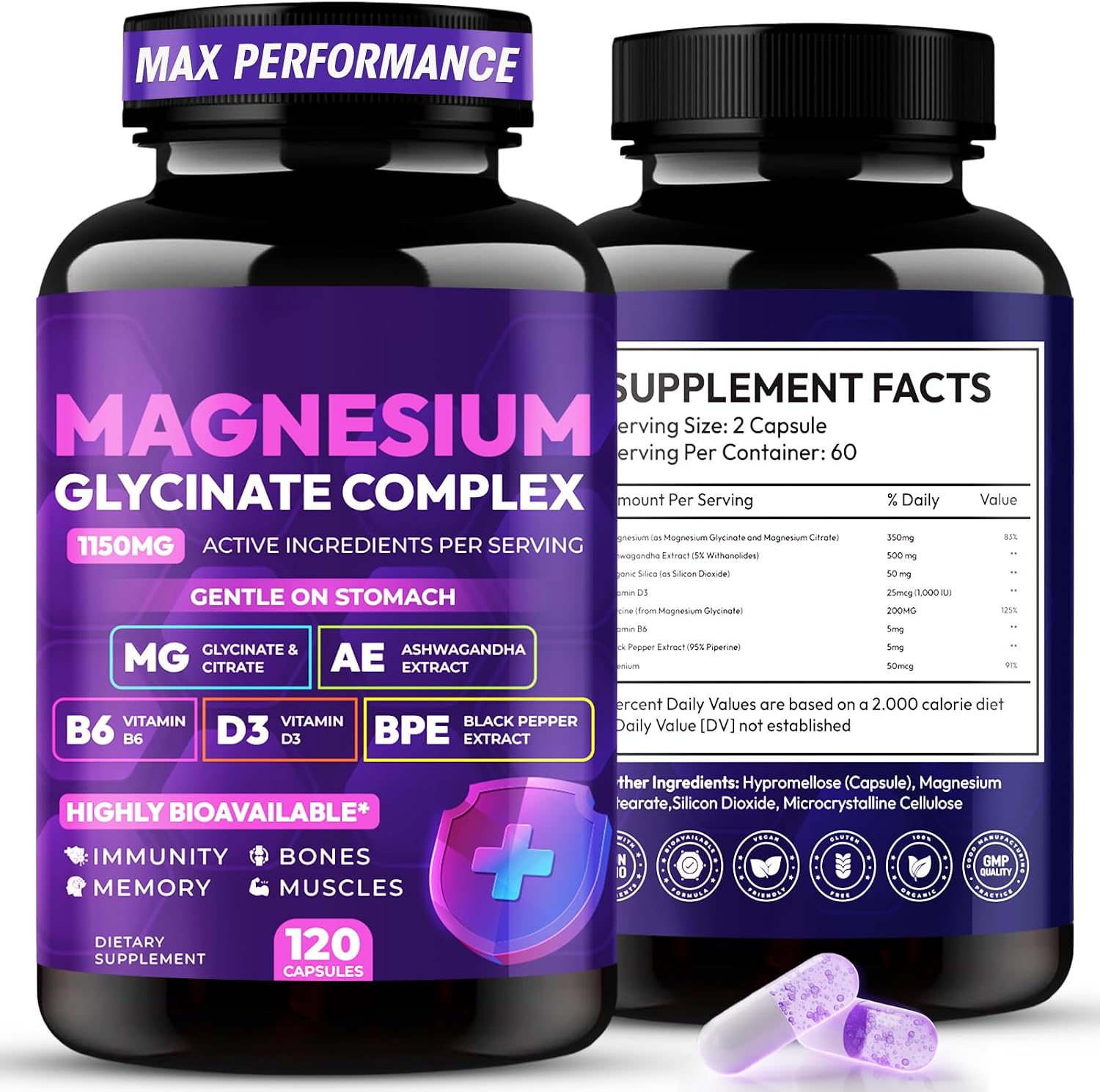 Magnesium Glycinate Complex 1150mg – Gentle on Stomach High Absorption Magnesium Capsules with Citrate, Silica, Ashwagandha & Vitamin B6 for Zzz, Stress Relief, Muscle Support for Adults, Women & Men