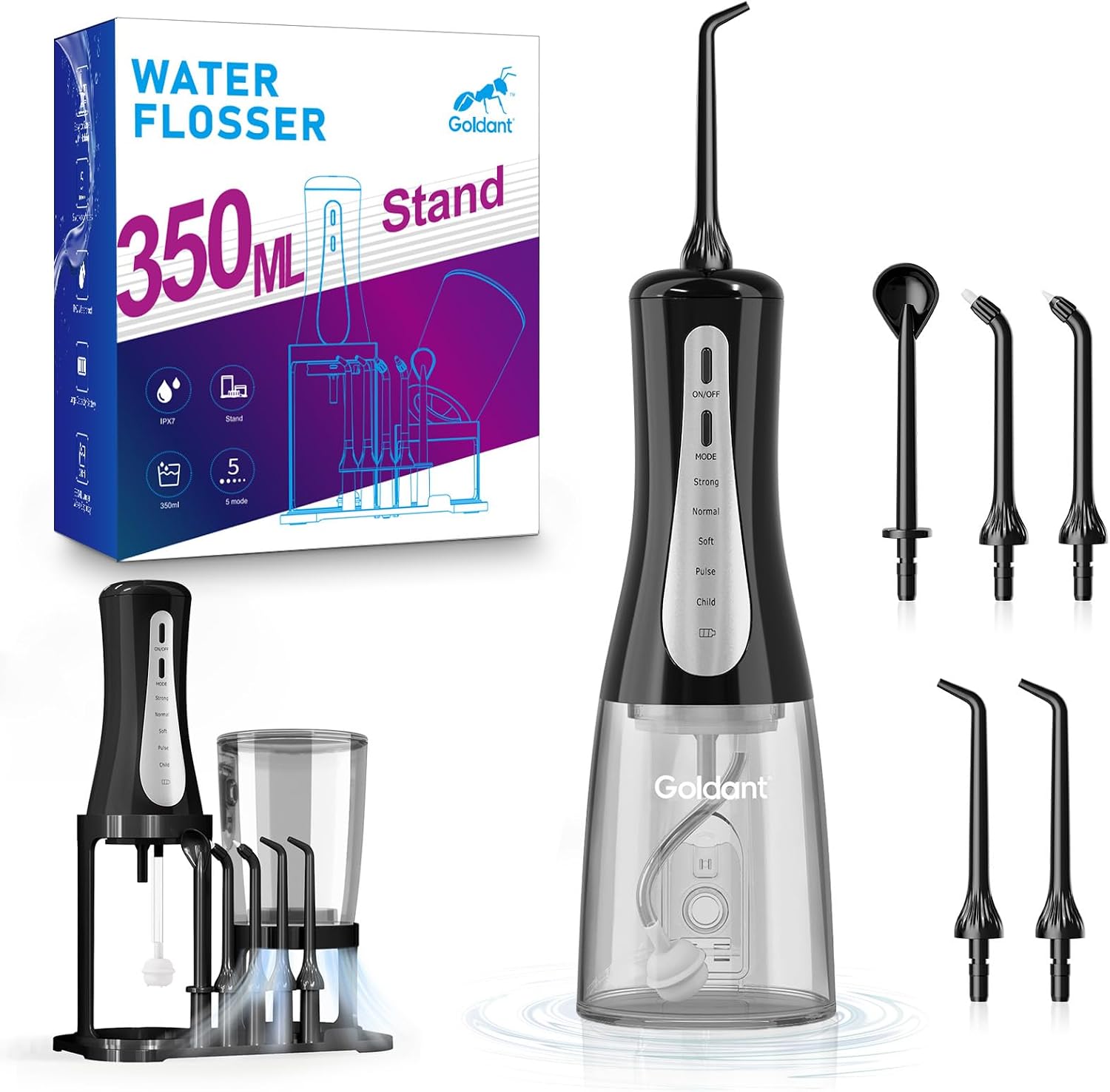 2026 New 350ML Water Flosser with Drainage & Storage Stand, Keeps Dry & Clean, 5 Modes, 360°Nozzle, Cordless Rechargeable, IPX7 Waterproof, Portable for Home & Travel (Black)