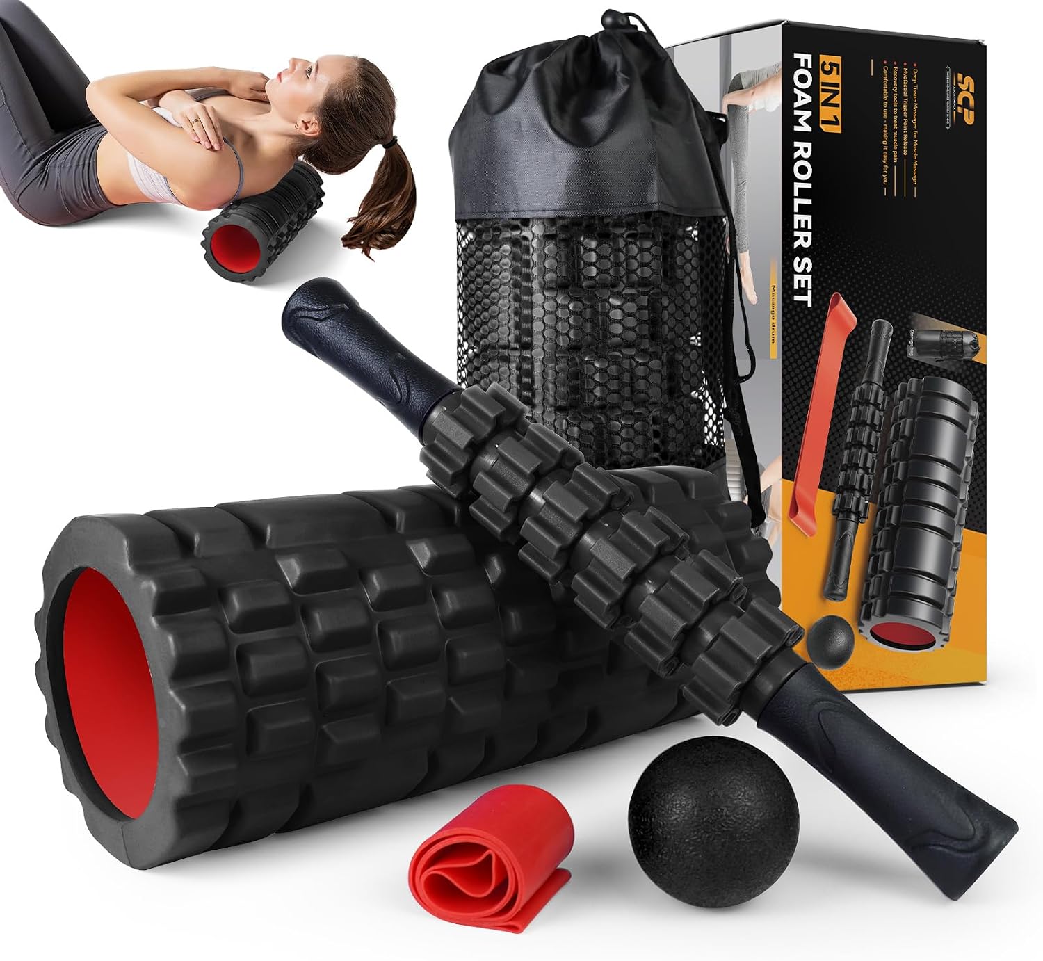 SUBCULTUREPICK 5 in1 Foam Roller Set, Trigger Point Foam Roller Deep Tissue | Massage Roller Stick, Massage Ball, Resistance Band for Physical Therapy, Pilates Yoga,Fitness Exercise for Whole Body Black