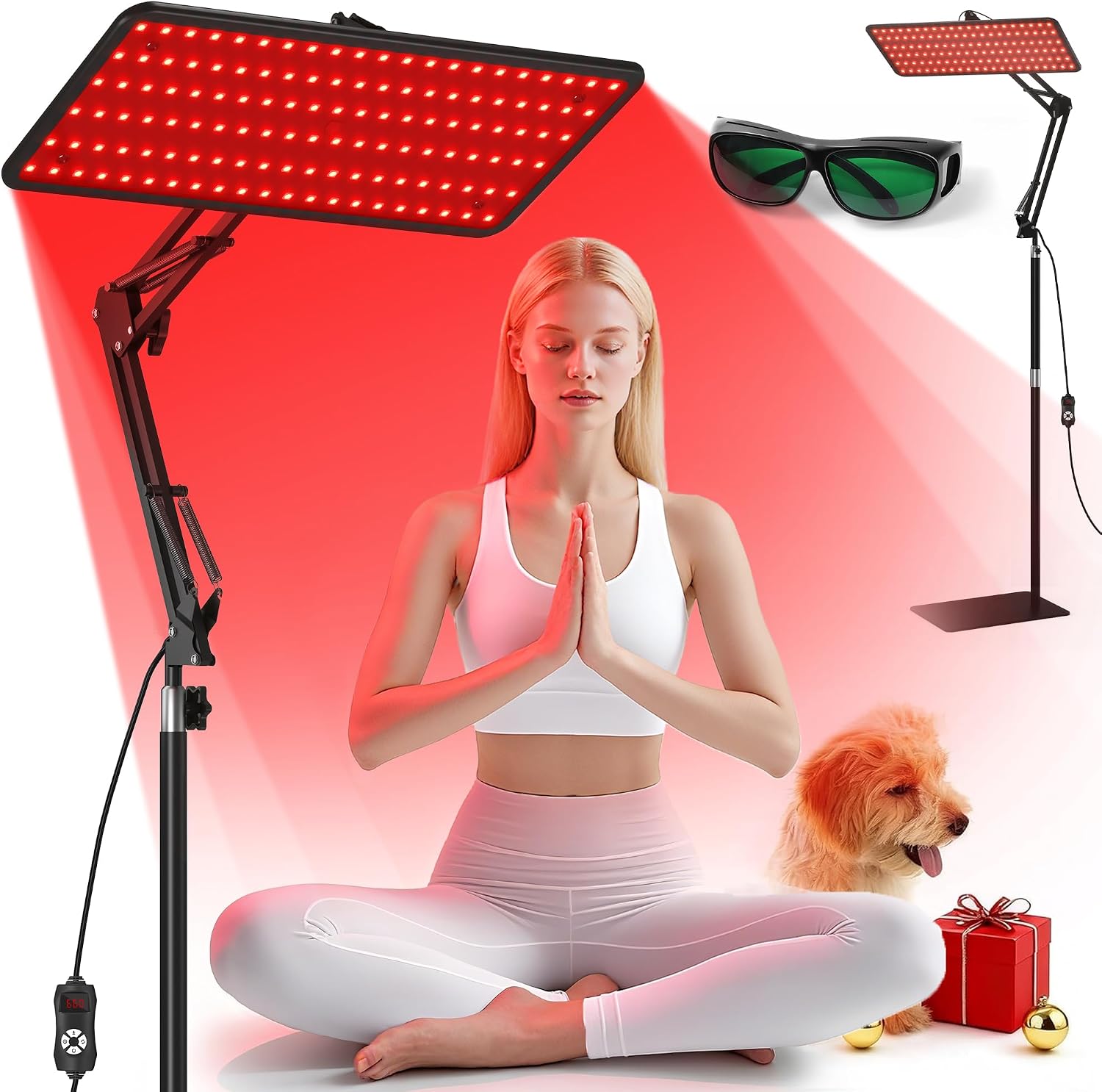 Morfone Red Light Therapy for Body Face Tri-Wavelength 660nm, 850nm, 940nm | LED Infrared Light Therapy Lamp Panel with Adjustable Stand Protective Glasses, Home Use, Gift for Women Girl, Black M