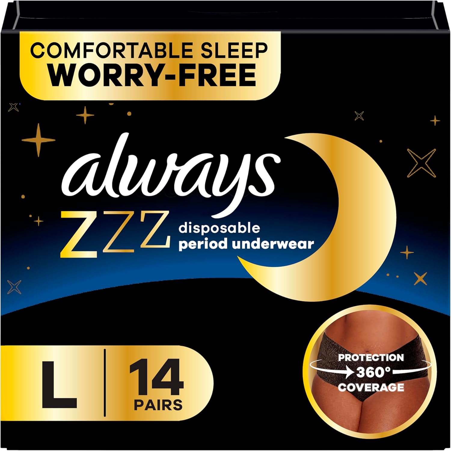 Always ZZZ Overnight Disposable Period Underwear for Women, Large, 360° Coverage for Worry-Free Nights, 14 Count (2 Packs of 7)