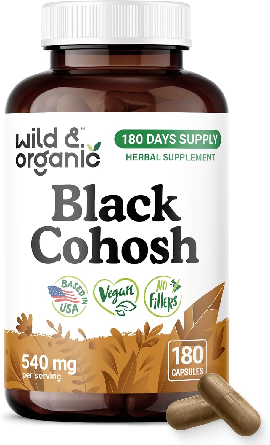 Wild & Organic Black Cohosh Capsules 540 mg – Menopause Support – 180 Count | Black Cohosh for Women – Actaea Racemosa Herb – 180 Days of Supply – Vegan, No Fillers, No Artificial Additives
