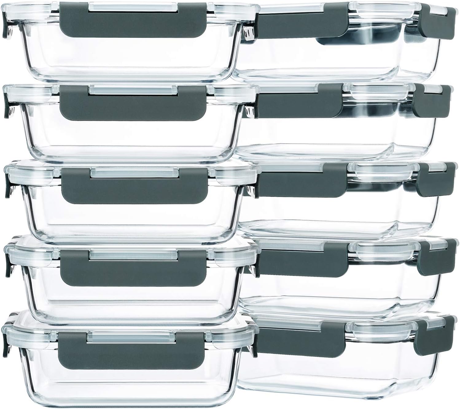 M MCIRCO 10 Pack,22 oz Glass Food Storage Containers with lids, Gray | Glass Meal Prep Containers,Airtight Lunch Containers with Lids, Microwave, Oven, Freezer and Dishwasher Friendly, BPA Free