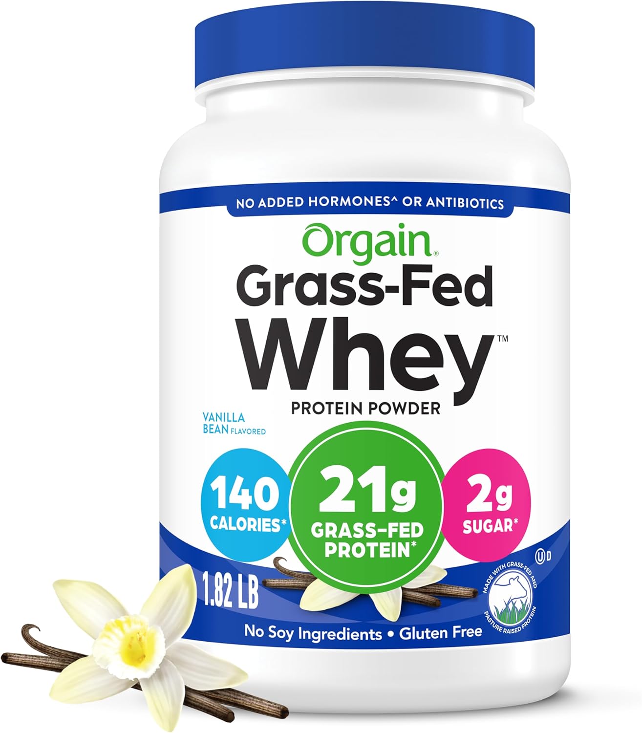 Orgain 21g Grass-Fed Whey Protein Powder, 5g BCAAs, Vanilla Bean, 1.82lb