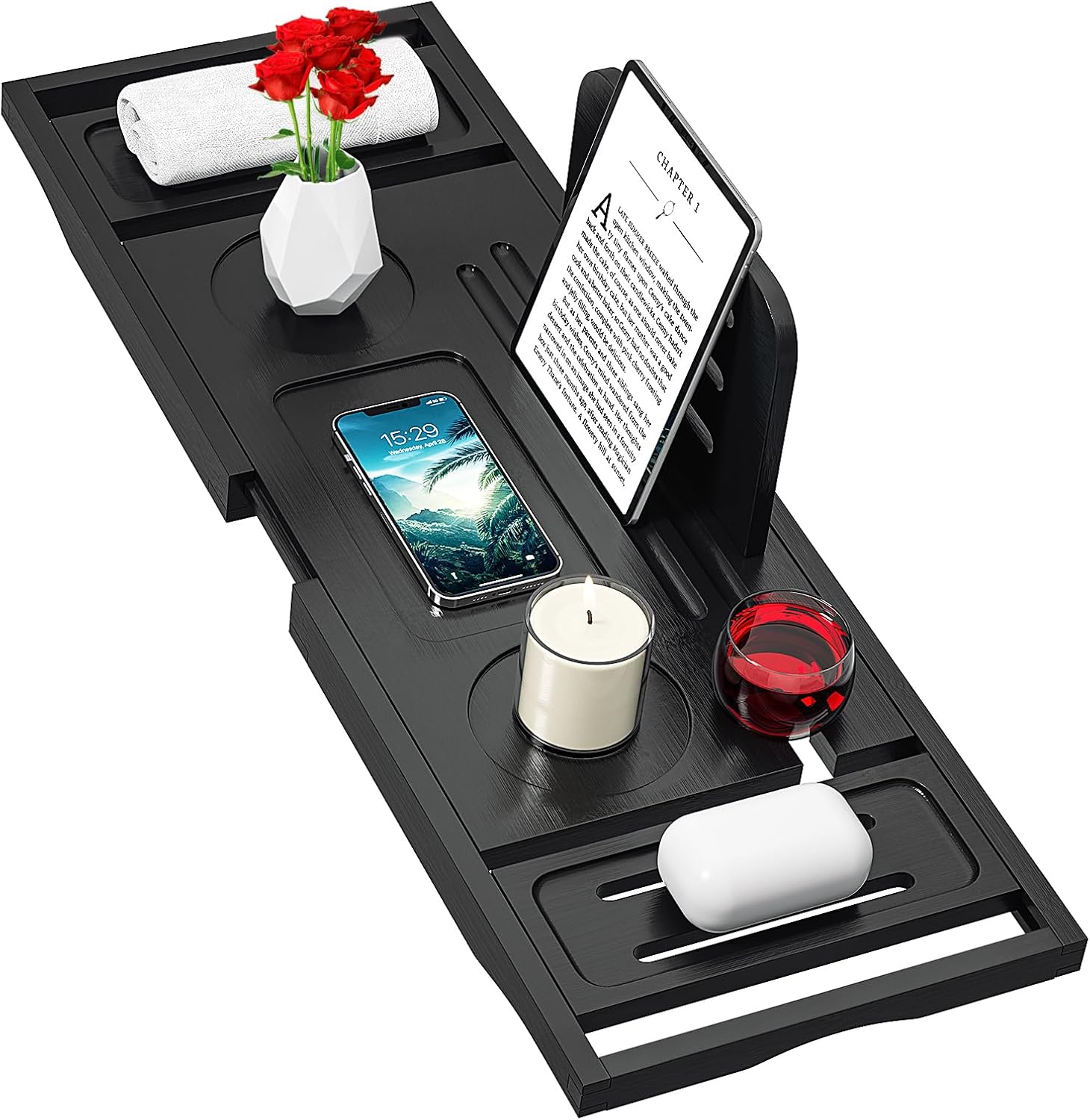 Bathtub Tray Caddy Black- Bath Tray Black – Bath Tub Tray Caddy – Bamboo Bath Tray for Tub – Expandable Size, Fits Most Tubs