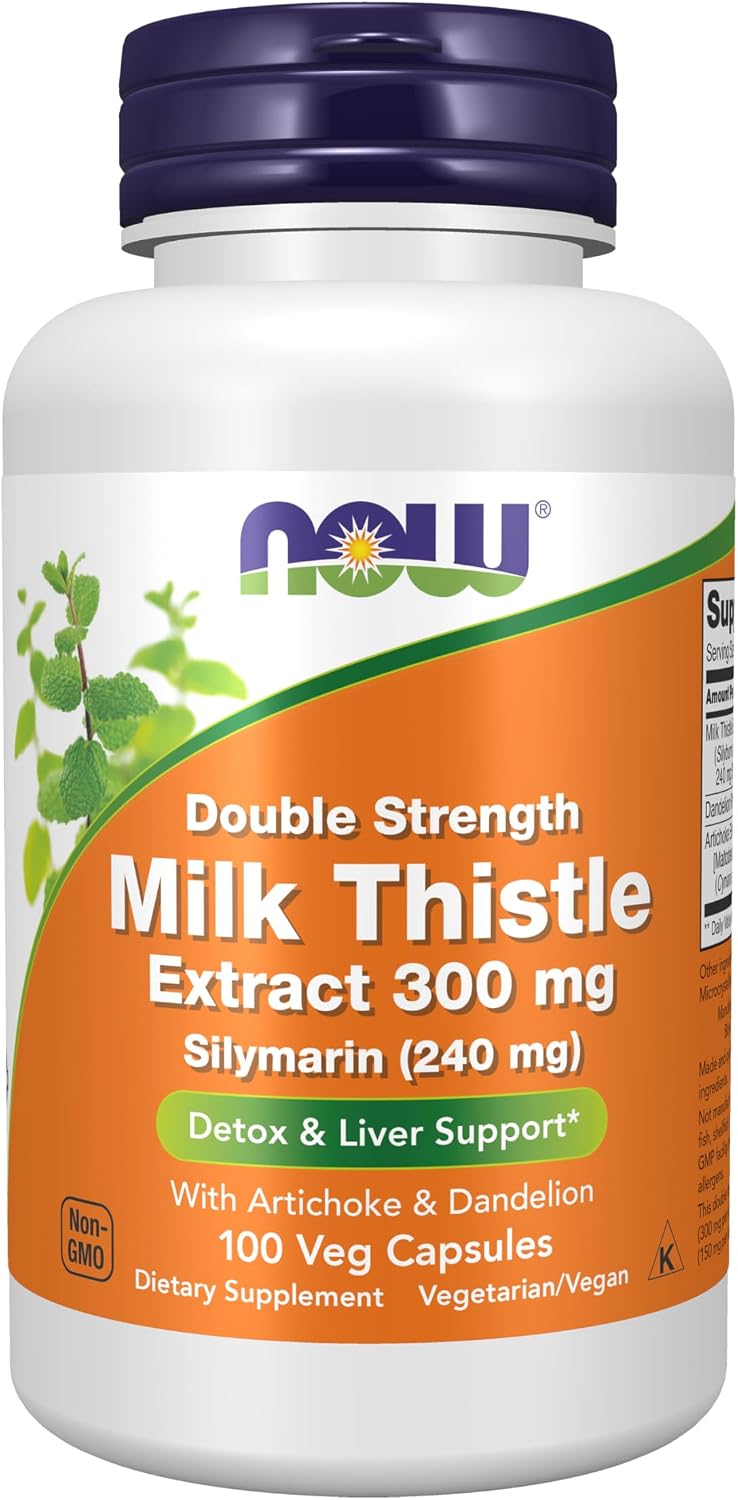 NOW Foods Supplements, Silymarin Milk Thistle Extract 300 mg with Artichoke and Dandelion, Double Strength, Supports Liver Function*, 100 Veg Capsules