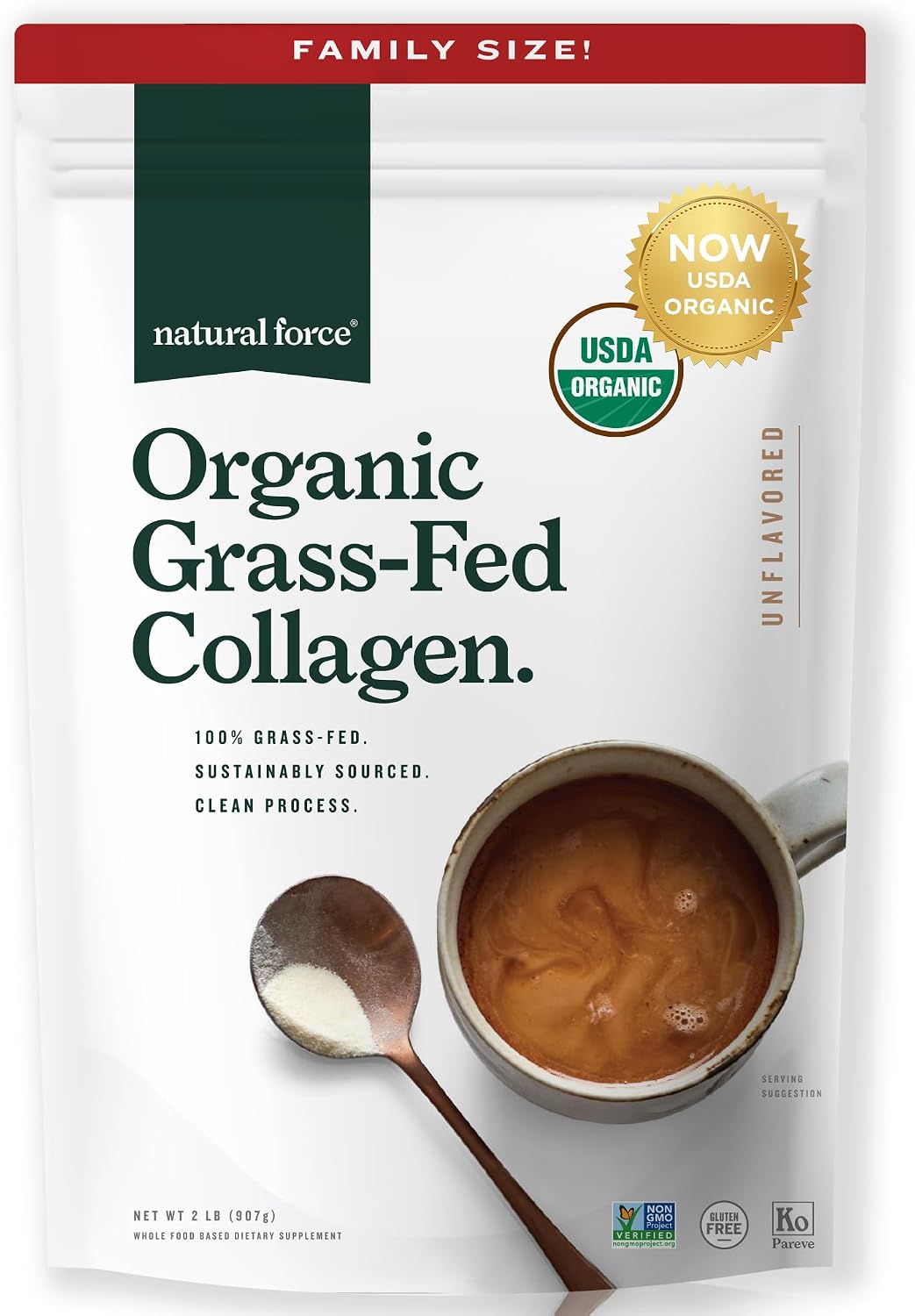 Natural Force Organic Clean Collagen Peptides Powder – USDA Certified Organic & Non-GMO, Keto & Paleo Certified – Hydrolyzed Type I & III Protein Powder with Essential Amino Acids – Unflavored, 32oz