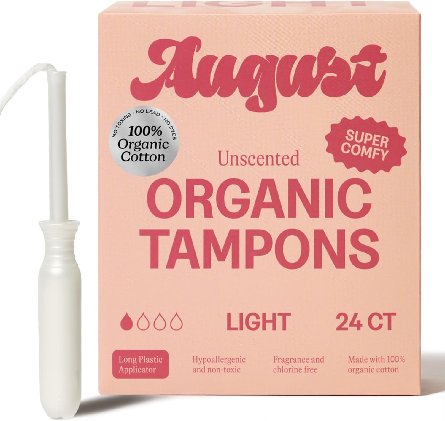 August Organic Tampons, 24-Pack Light Non-Toxic Tampons for Women | 100% organic cotton tampons with comfortable easy-glide long applicators. Fragrance free, hypoallergenic tampons for women.
