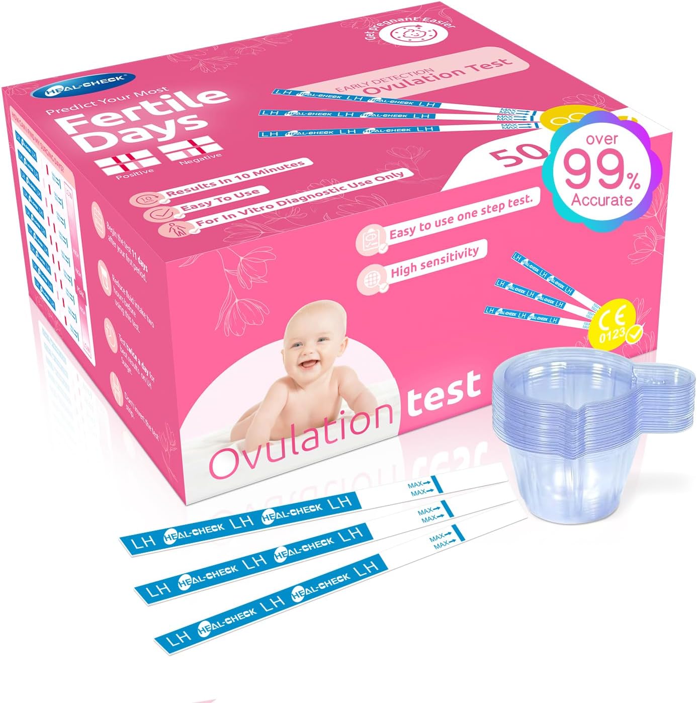 HEAL-CHECK 50 Count Ovulation Test Strips with Cups, Bulk Ovulation Test Strips for Women, Ovulation Predictor Kit, Accurate Fertility Tests for Home, Individually Wrapped 5mm LH