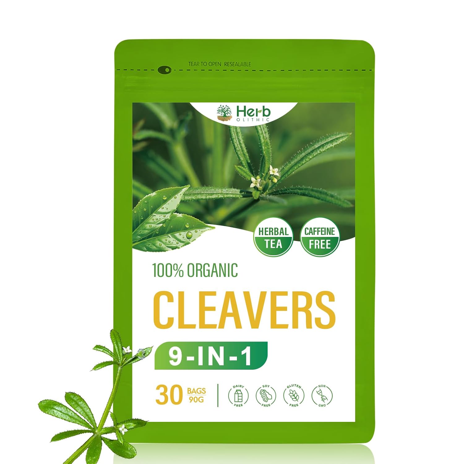 HerbOLITHIC 9-in-1 Cleavers Herb Lymphatic Drainage Organic 30 Tea Bags.