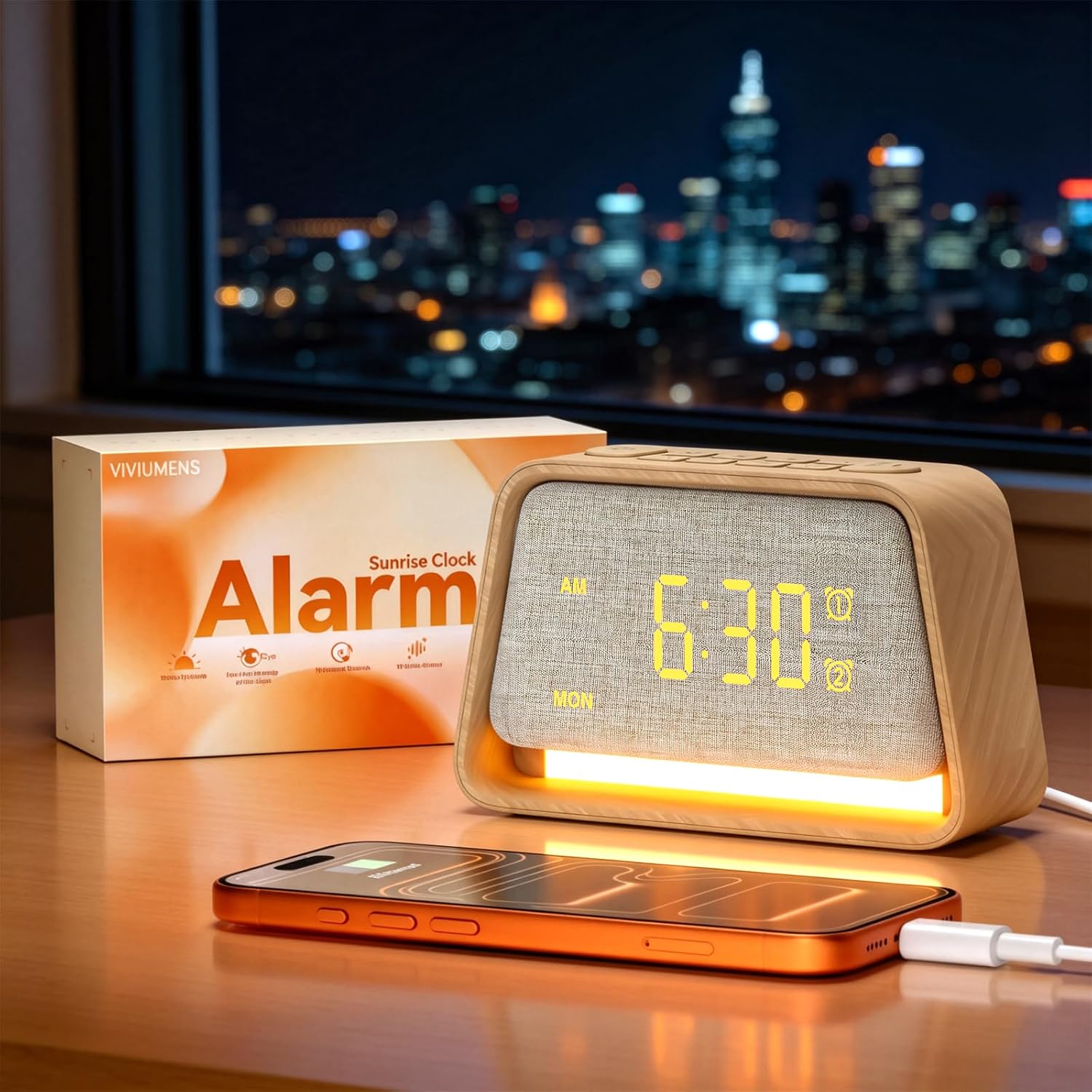 Vivilumens Dual Alarm Clock Wooden 20 White Noise Sound Machine