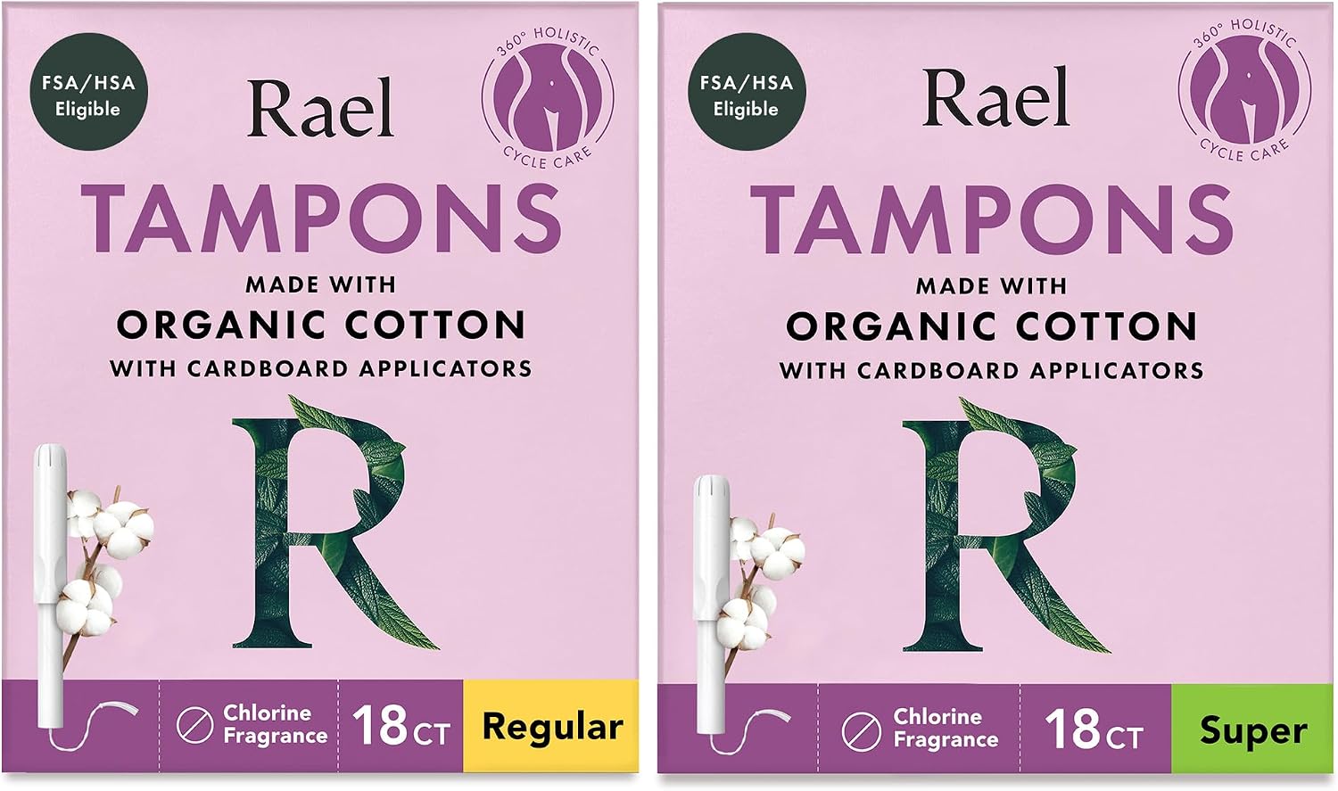 Rael Cardboard Applicator Tampons Organic Cotton Core (36 Ct, Bundle) | Period Tampons for Women, Multipack, Regular & Super Absorbency, Chlorine-Free, Leak Locker Technology, Biodegradable