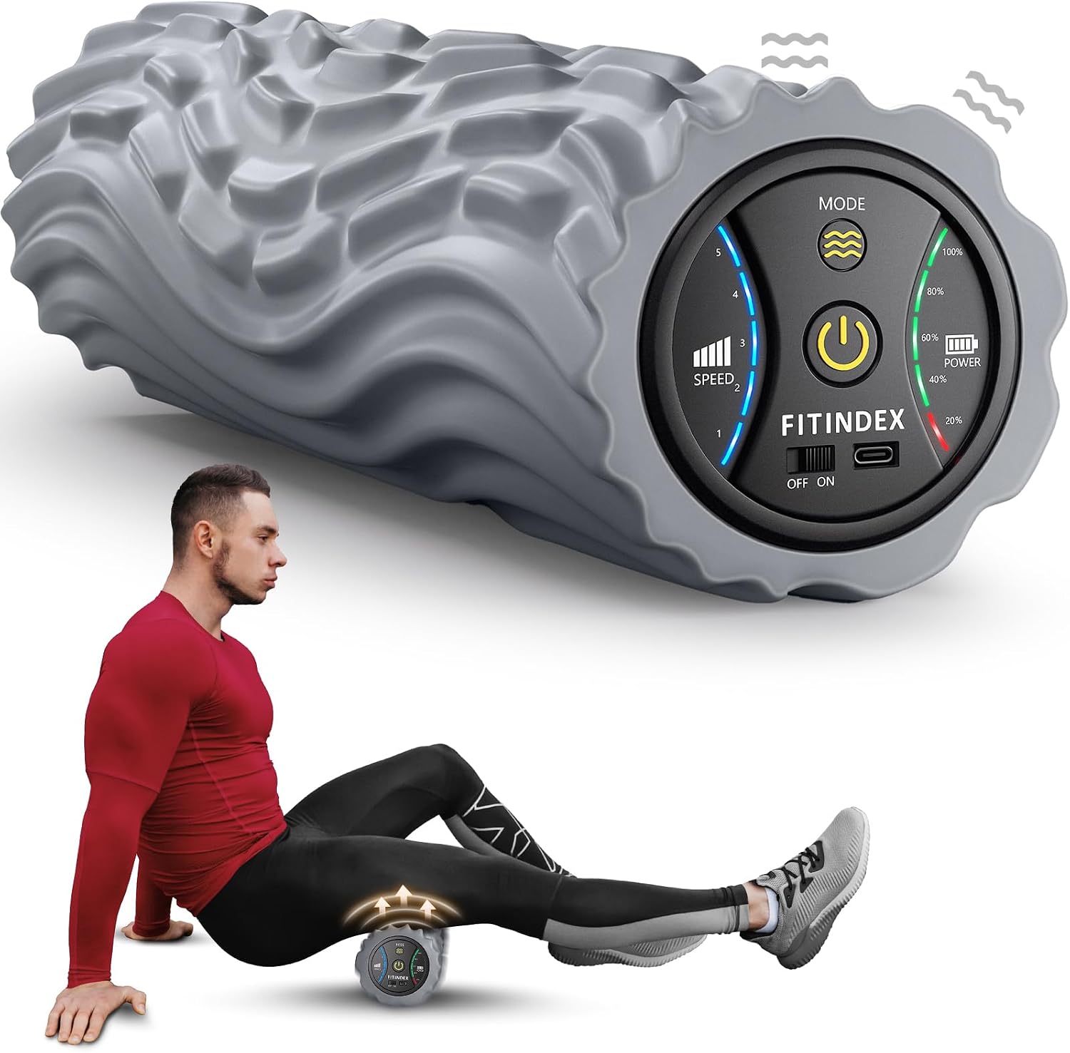 FITINDEX Vibrating Foam Roller for Exercise,5 Vibration Speeds,Rechargeable | Yoga Roller, Electric Roller for Deep Tissue Massage, Massge Foam Roller for Back, Legs & Shoulders, FSA Eligible HSA