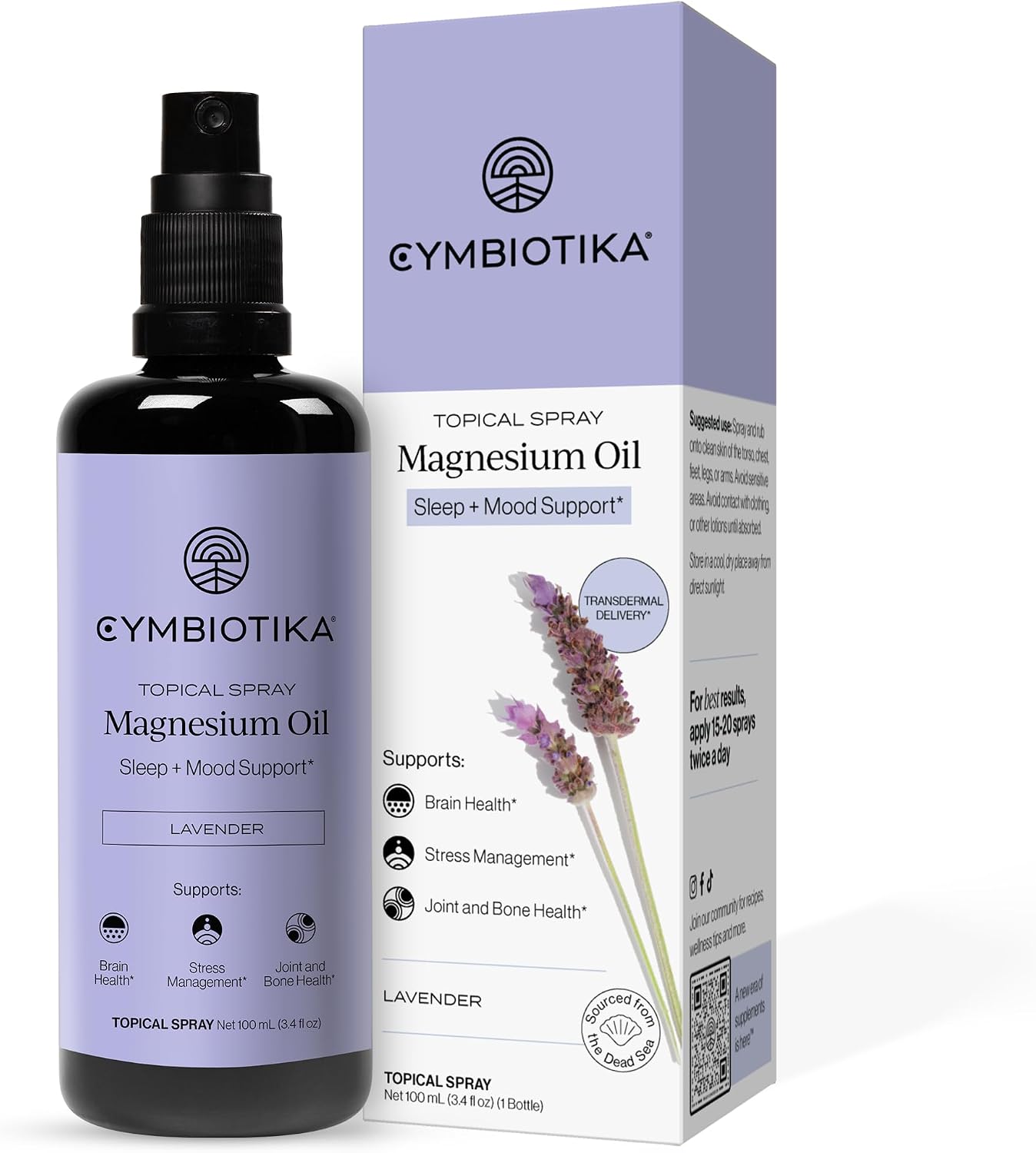 CYMBIOTIKA Topical Magnesium Oil Spray for Body, USA Made, Supplement for Leg Cramps, Muscle, Joint Health & Sleep Support, Includes Magnesium Chloride, Lavender Extract, Aloe Vera – Skin Applicator
