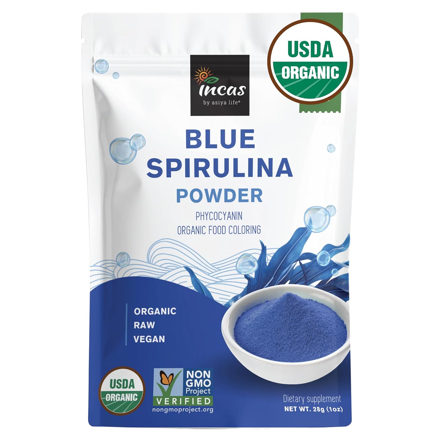 USDA Organic Blue Spirulina Powder (Phycocyanin Extract), No Fishy Smell, 100% Vegan Protein from Blue-Green Algae, 28 Servings, Natural Food Coloring for Smoothies, Baking & Drinks (1 Ounce)