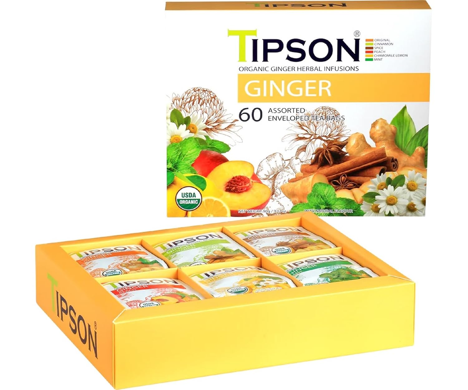 Tipson Organic Ginger Variety Sampler – 6 Flavors (60 Tea Bags), Herbal Tea Infusions – USDA Organic, Non GMO, and Gluten Free