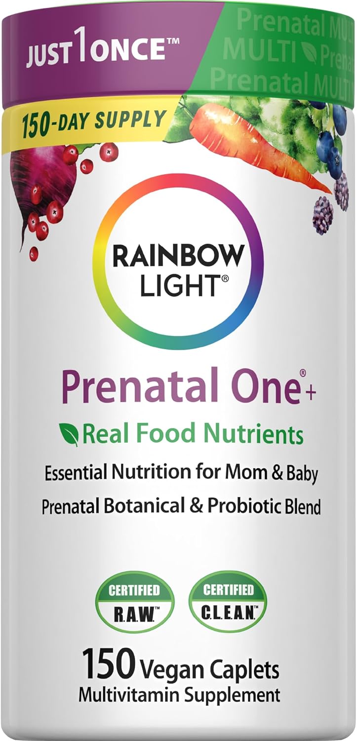 Rainbow Light Prenatal Multivitamin One + for Women with Probiotics | 150 Caplets | Essential Nutrition for Mom & Baby | with Vitamins C & D, Folate, Choline, Iron and More