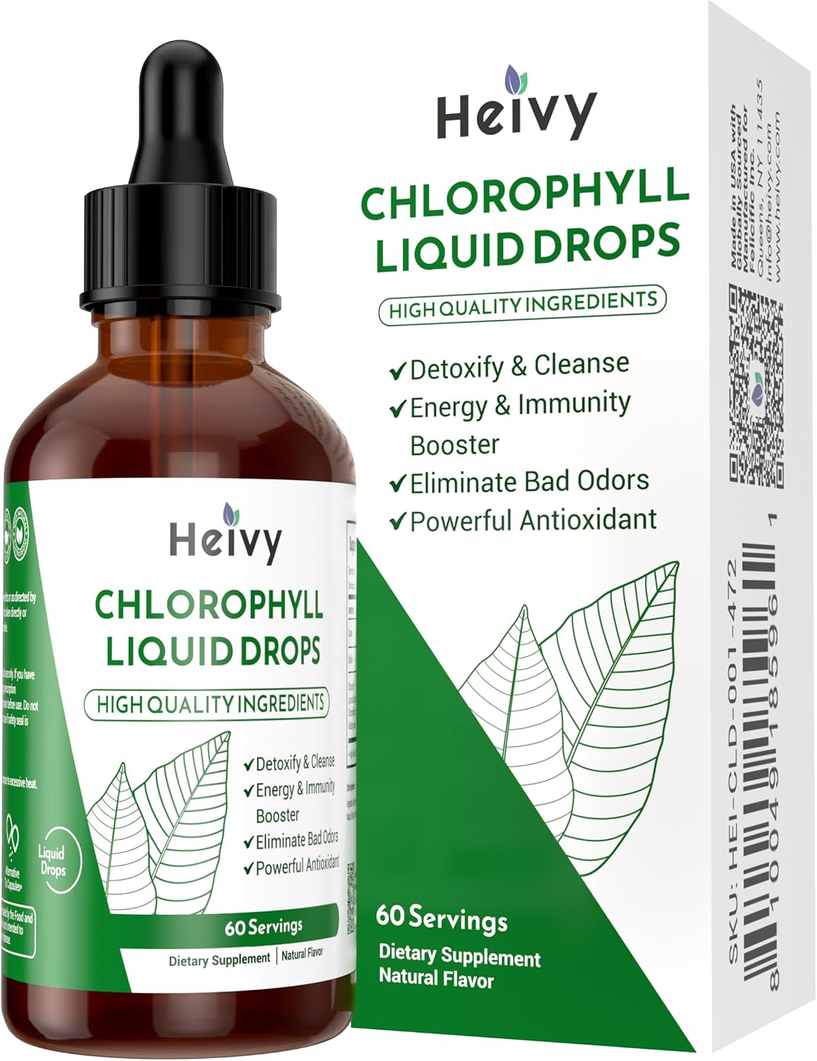 Heivy Chlorophyll Liquid Drops 50mg, 2 fl oz, Natural Flavor | Supplement for Internal Deodorizer, Radiant Skin, Detox, Antioxidant, Immune Support, Gluten Free, Natural Flavored