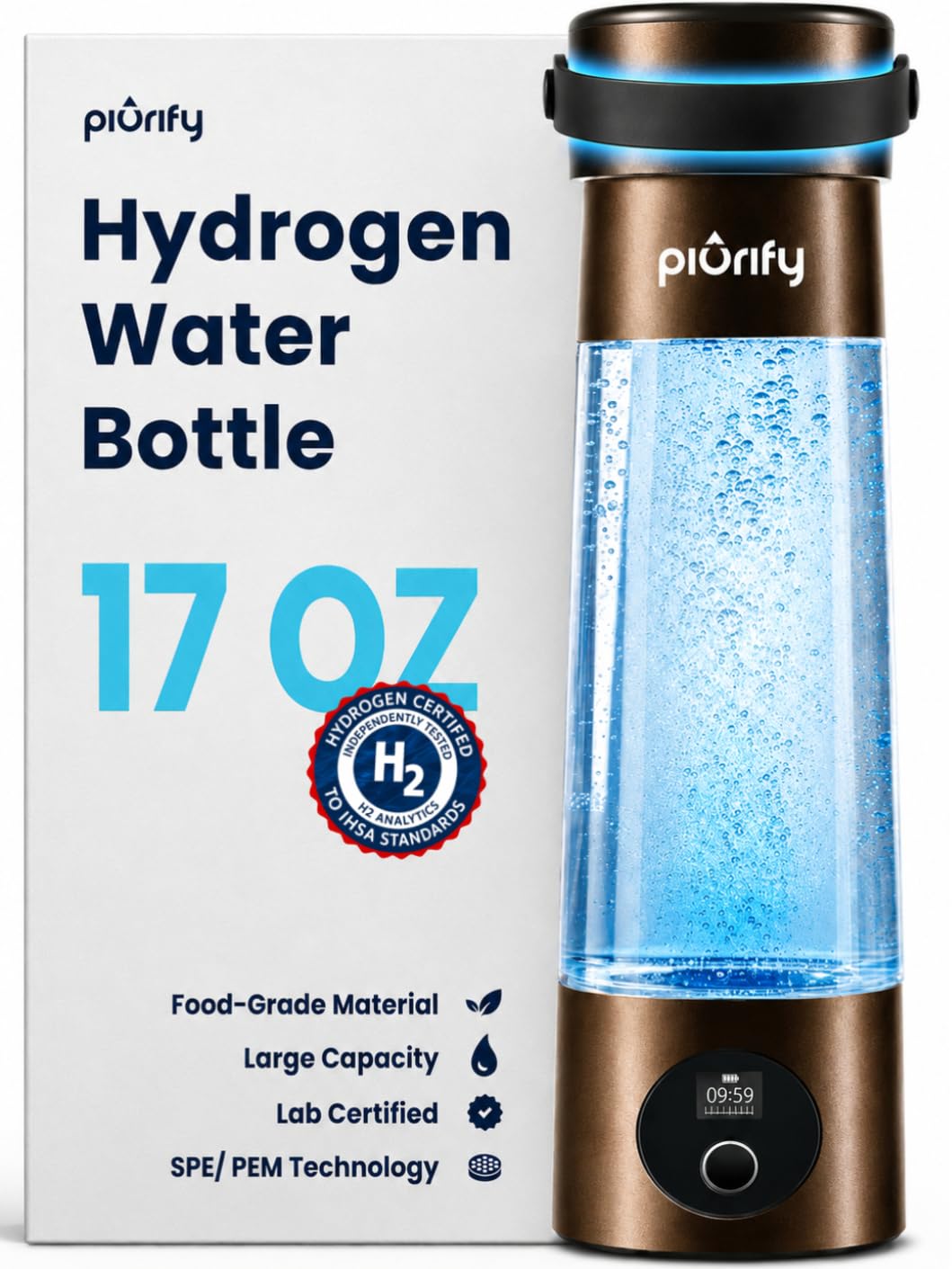 PIURIFY Hydrogen Water Bottle Generator | 9,970 PPB in 2 Cycles | 17 OZ
