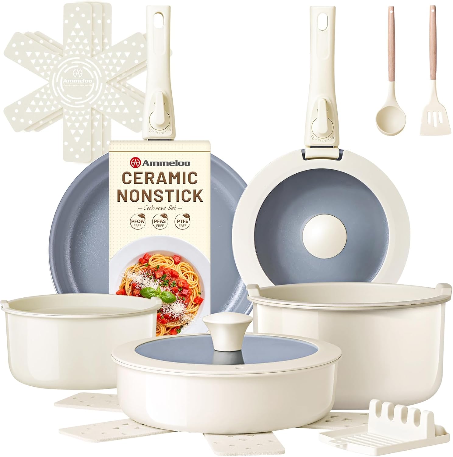 Ammeloo 18-Piece Ceramic Pots and Pans Set Non Stick, Non Toxic Cookware Set with Removable Handles, Pot Sets for Cooking, Induction Ready, Dishwasher & Oven Safe, PFAS PFOA & PTFE Free (Cream White)