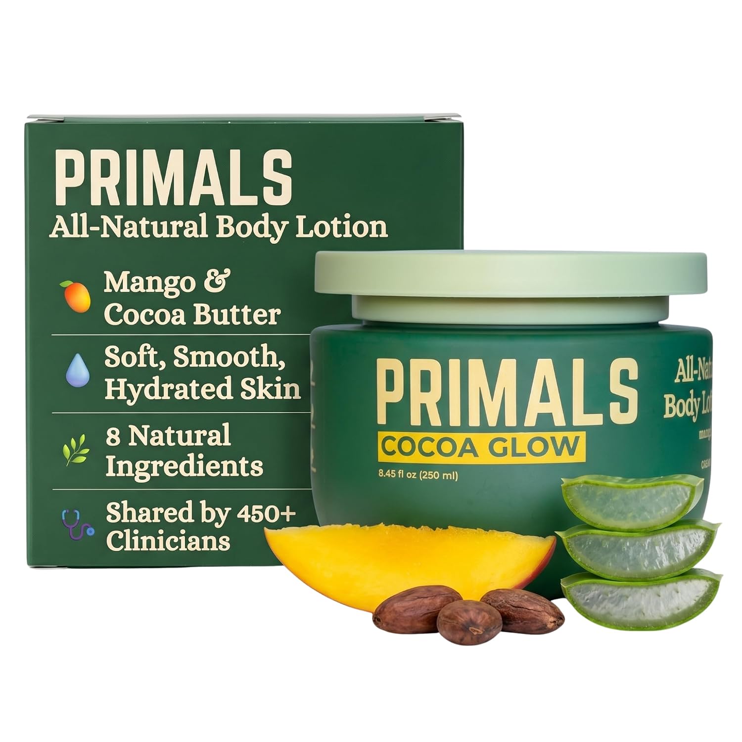 PRIMALS All Natural Body Lotion – Cocoa Butter & Mango Butter – 100% Naturally Derived Ingredients – Alcohol Free, Artificial Fragrance Free, Paraben Free, Petroleum Derivative Free – 8.45 oz